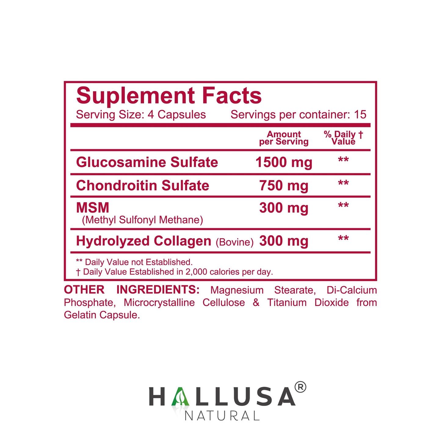 Hallusa Natural Halluflex 2850mg Glucosamine Chondroitin, MSM & Hydrolyzed Collagen Joint Support Capsule, 300 Capsules
