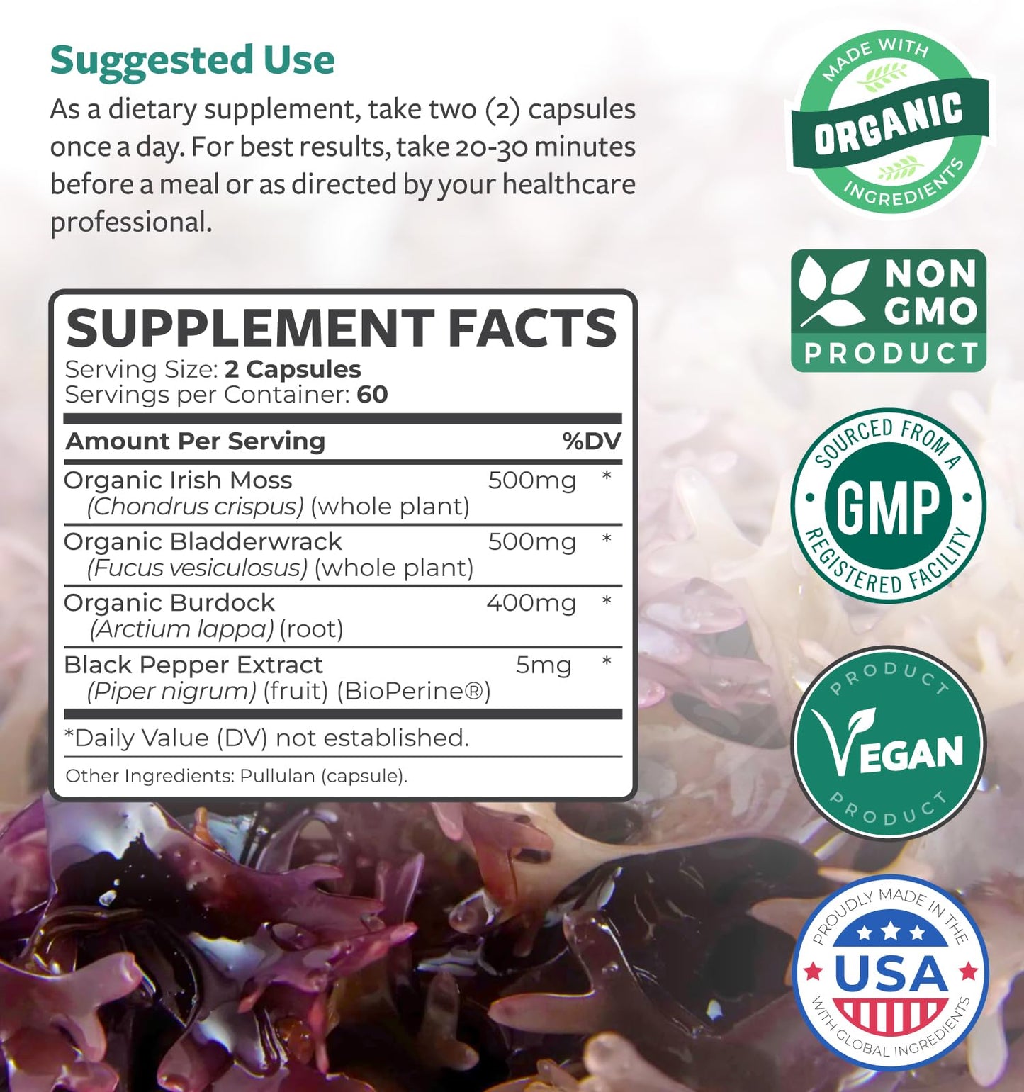 Healths Harmony Organic Irish Sea Moss Capsules with Bladderwrack, Burdock Root and Black Pepper Extract for Enhanced Absorption, Vegan Non-GMO, Made in USA, 120 Capsules