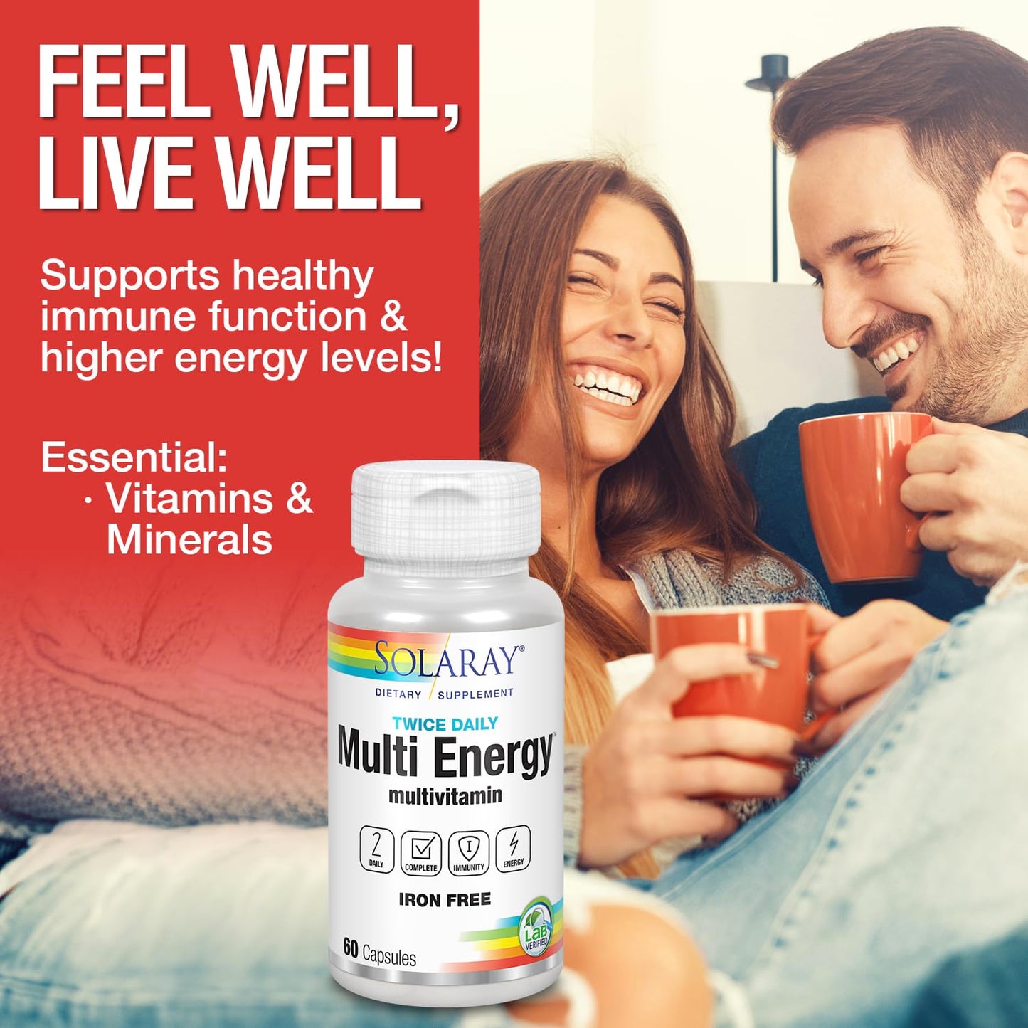 SOLARAY Twice Daily Multi Energy Multivitamin, Iron Free Capsule, 60 Count