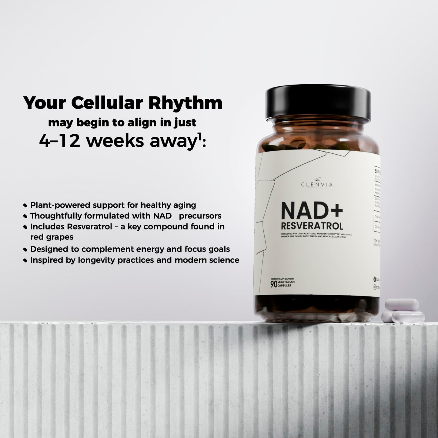 CLENVIA NAD+ Supplement with Resveratrol Advanced NAD+ Complex Capsules, 90 Capsules