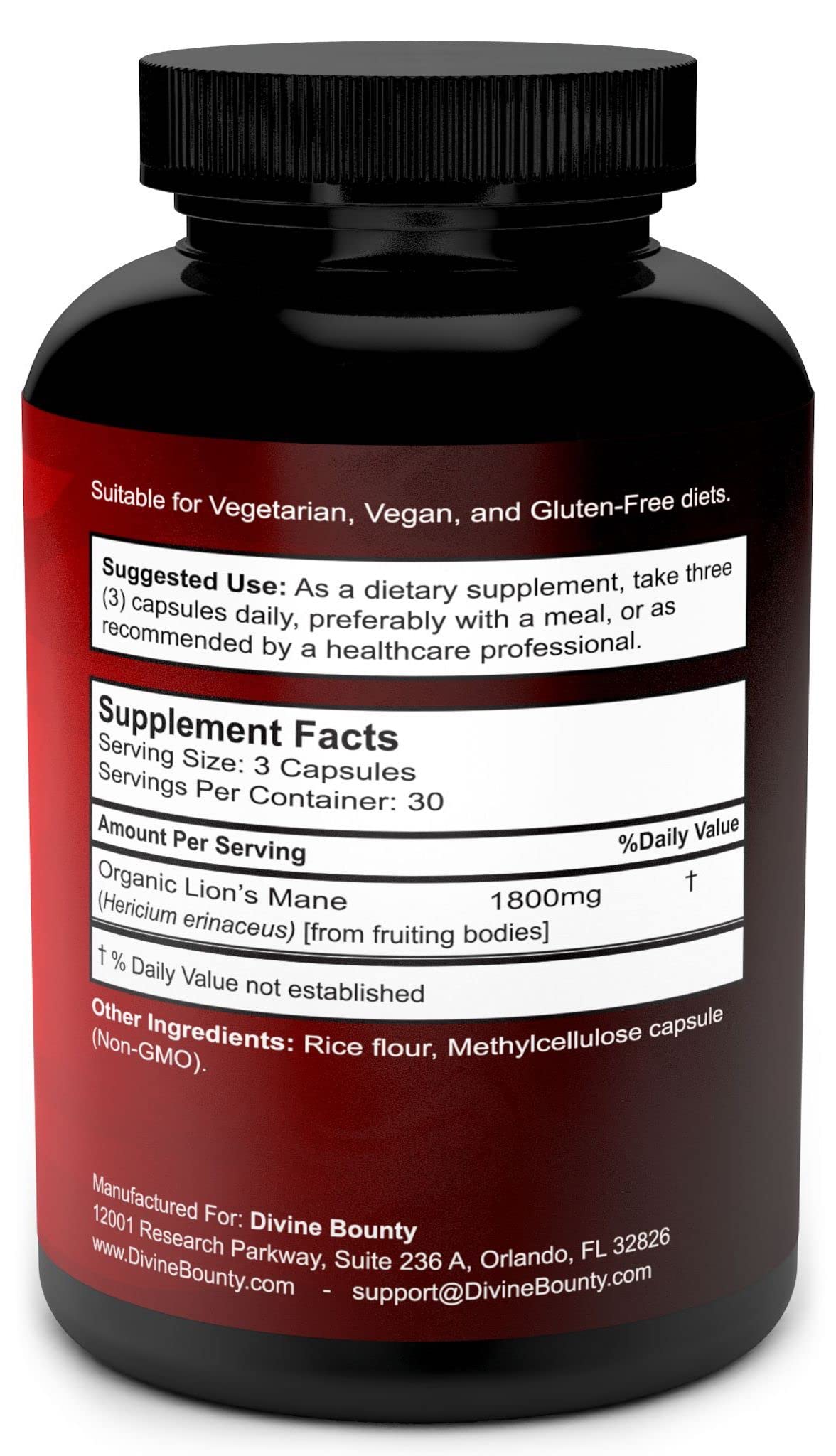 Divine Bounty Lions Mane Supplement Capsules 1800mg Nootropic, 90 Capsules