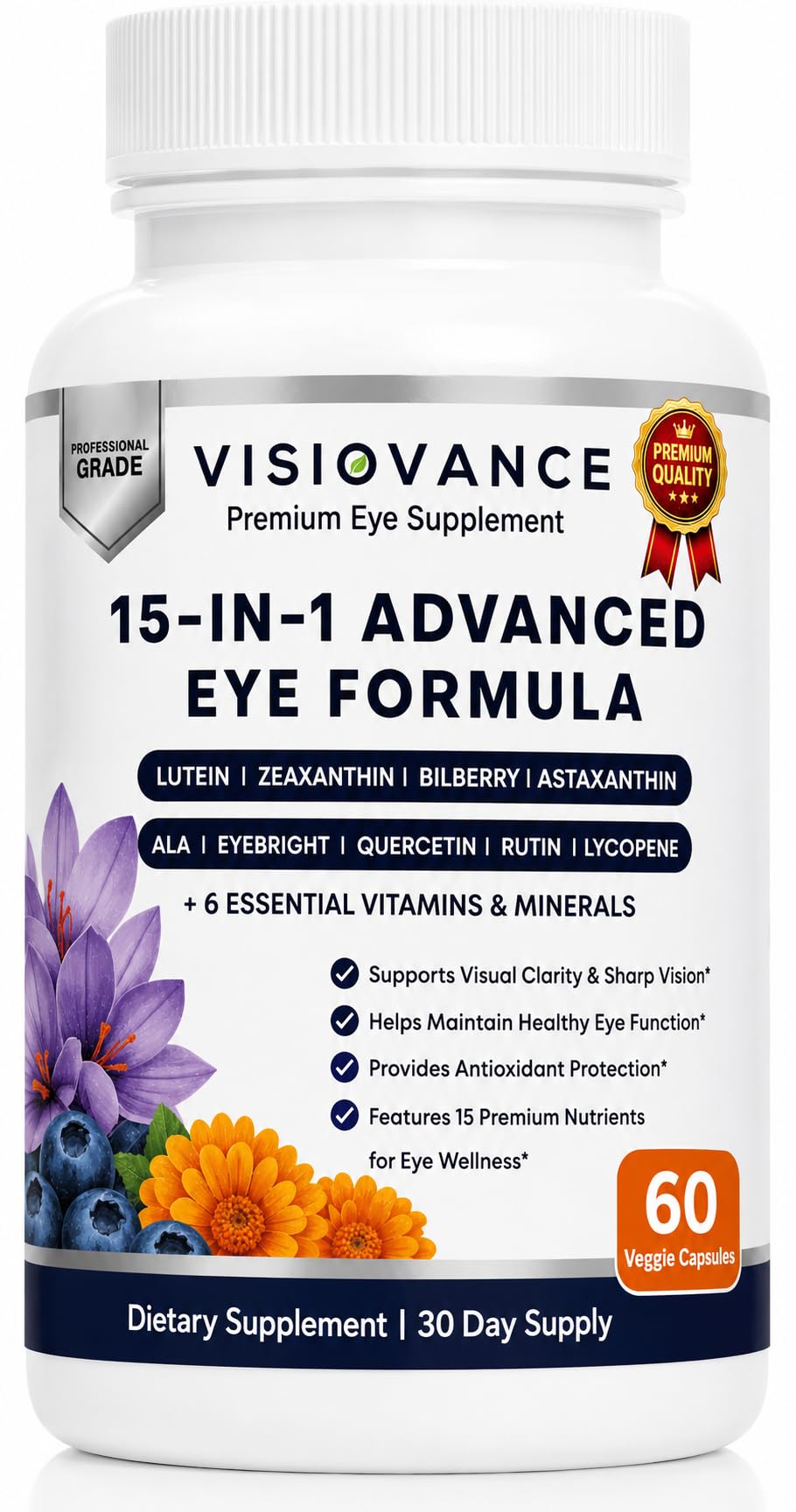 Naturonel Visiovance 15 in 1 Advanced Eye Formula - Visiovance Eye Supplement | Digital Eye Strain & Night Driving Clarity, All 3 Carotenoids (Lutein, Zeaxanthin), Bilberry, 60 Capsules