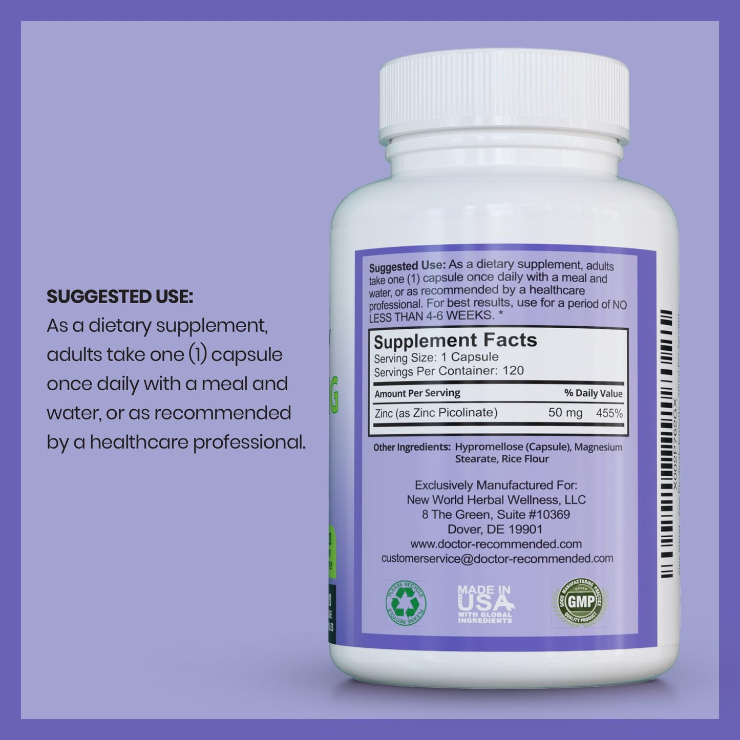 DOCTOR RECOMMENDED SUPPLEMENTS Zinc 50mg Picolinate Immune Health Support Veggie Capsules, 120 Count