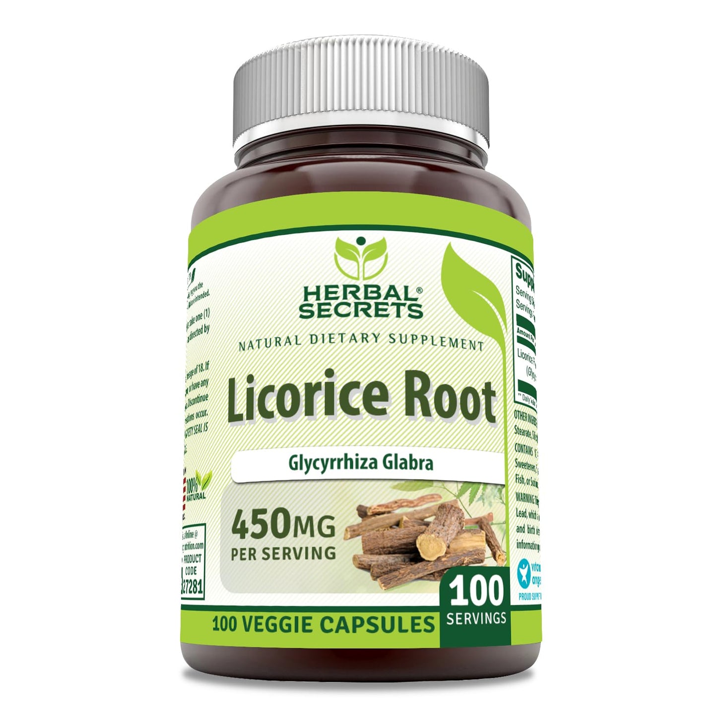 Herbal Secrets Licorice Root 450 Mg Capsules, 100 Count