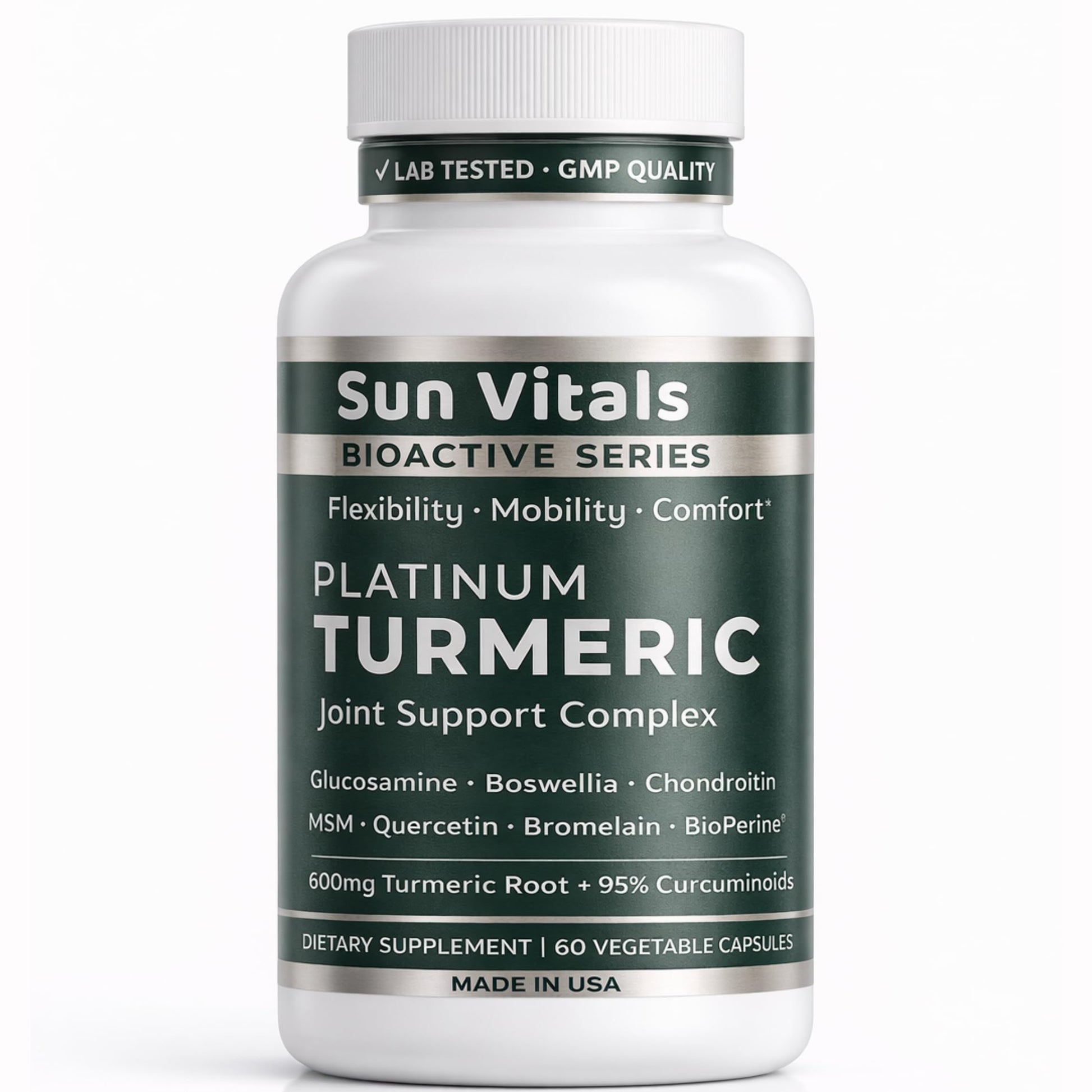 Sun Vitals Platinum Turmeric Complex – 95% Curcuminoids with BioPerine®, Glucosamine & Boswellia Capsules, 60 Count
