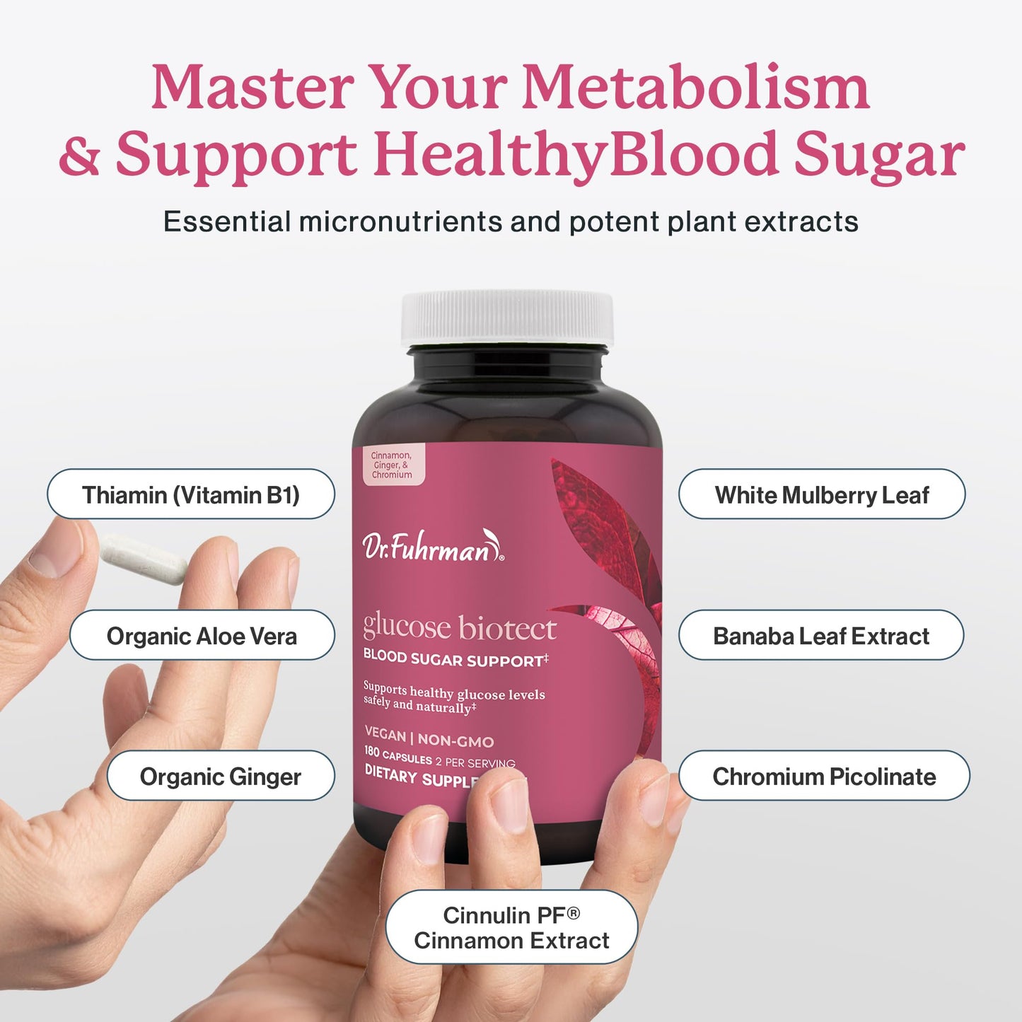 Dr. Fuhrman Glucose Biotect Healthy Blood Sugar Support Supplement with Chromium, Purified Cinnamon & Mulberry Leaf - Doctor-Formulated Vegan Metabolic Wellness Formula, Capsules, 180