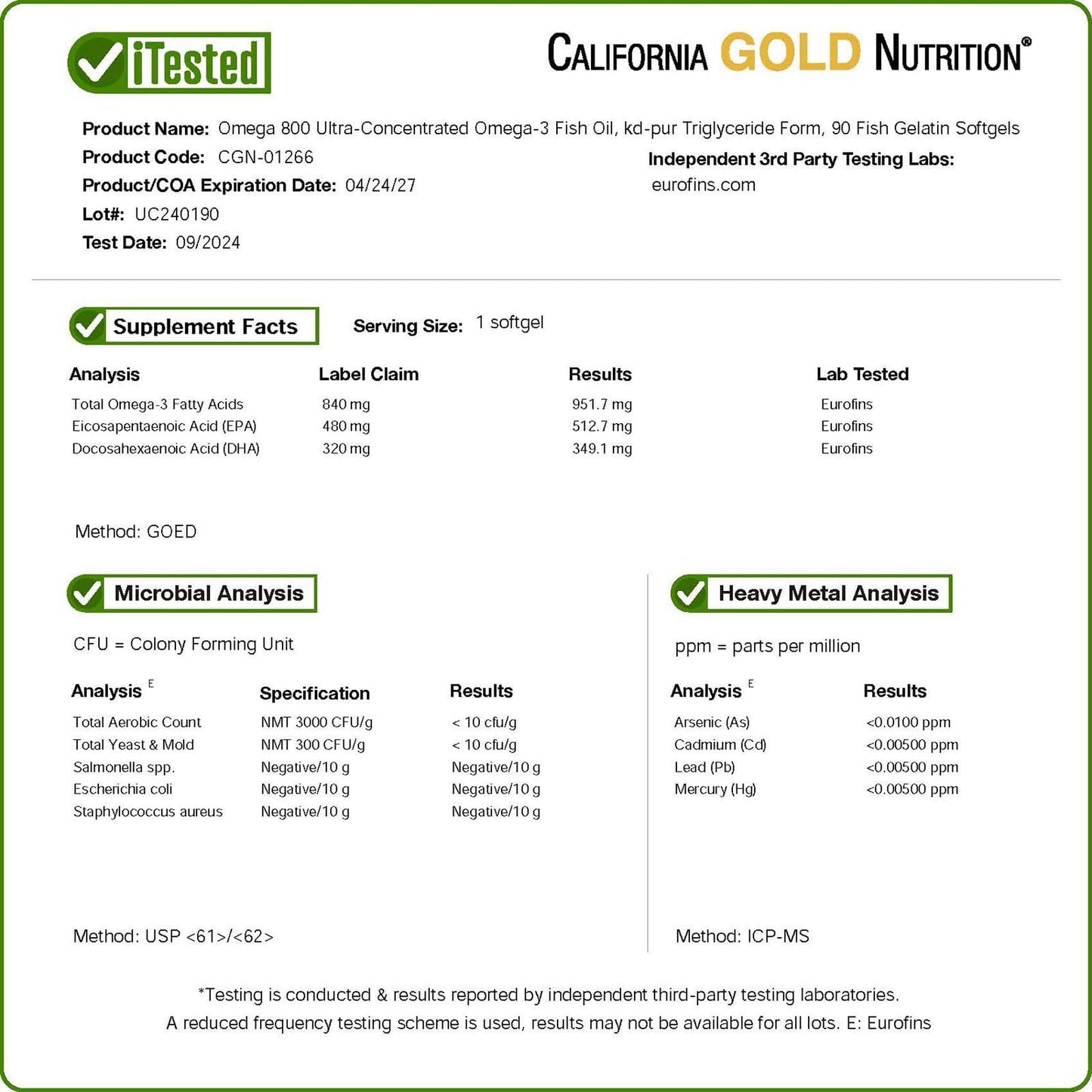 California Gold Nutrition Omega 800 Ultra-Concentrated Omega-3 Fish Oil Softgels, 90 Count