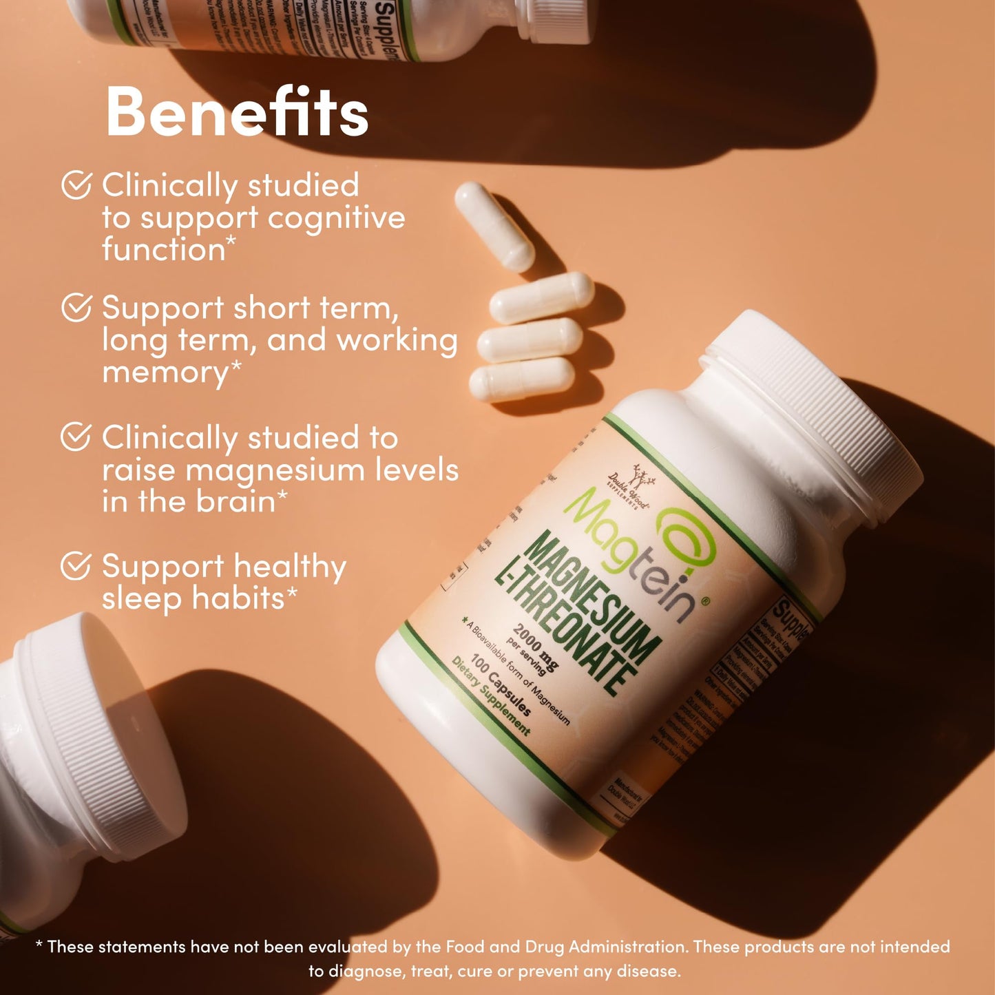 Double Wood Supplements Magnesium L Threonate Magtein Sleep and Cognitive Support – High Absorption – Most Bioavailable Form of Magnesium – 2,000 mg, 100 Capsules