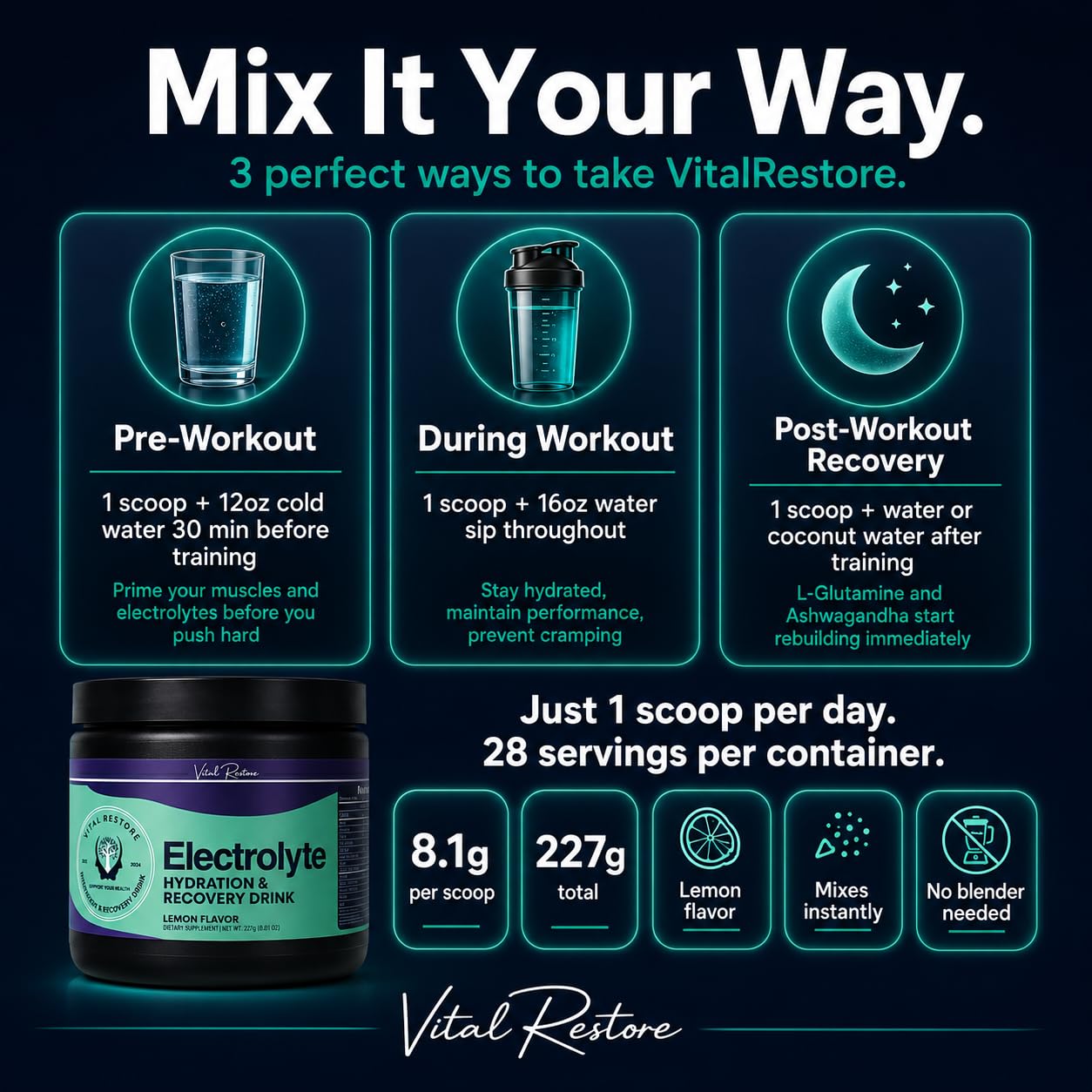 Vita Wellness by C.J. VitalRestore Natural Electrolyte Recovery with Ashwagandha & L-Glutamine Powder, 8.01