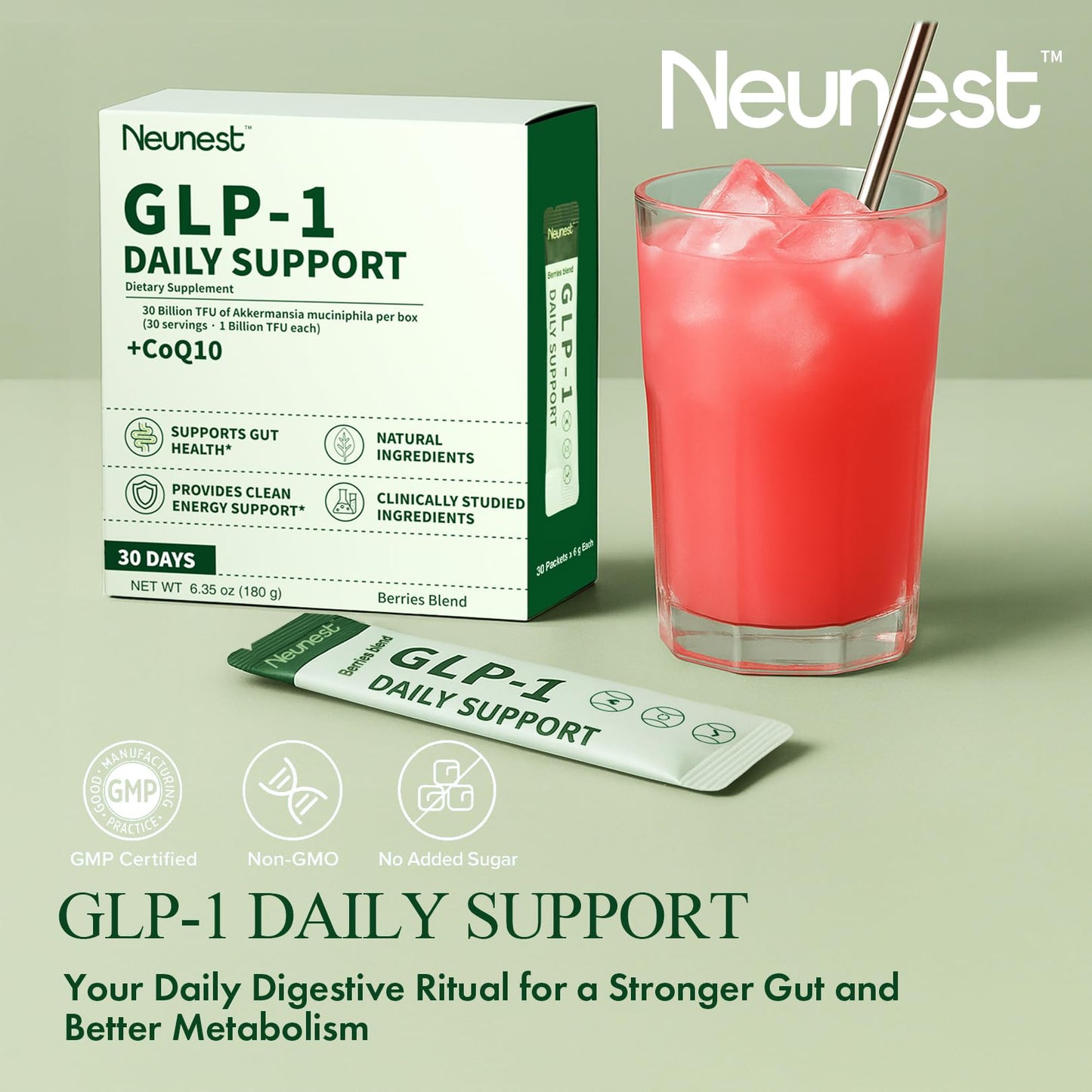 NEUNEST GLP Booster Probiotic Supplement Mix Drink for Weight Loss, Natural Appetite Control, Gut Health, Energy & Metabolic Support for Women & Men, with Akkermansia, CoQ10 and Beet Root, 30 Capsules