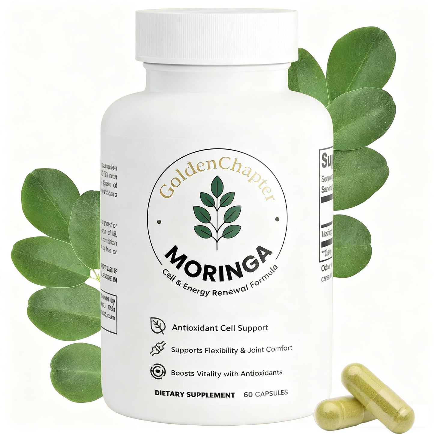 GoldenChapter Pure Moringa Capsules with Iron, Magnesium, Vitamins B12 & C, Energy Boost & Gut Health, 60 Count