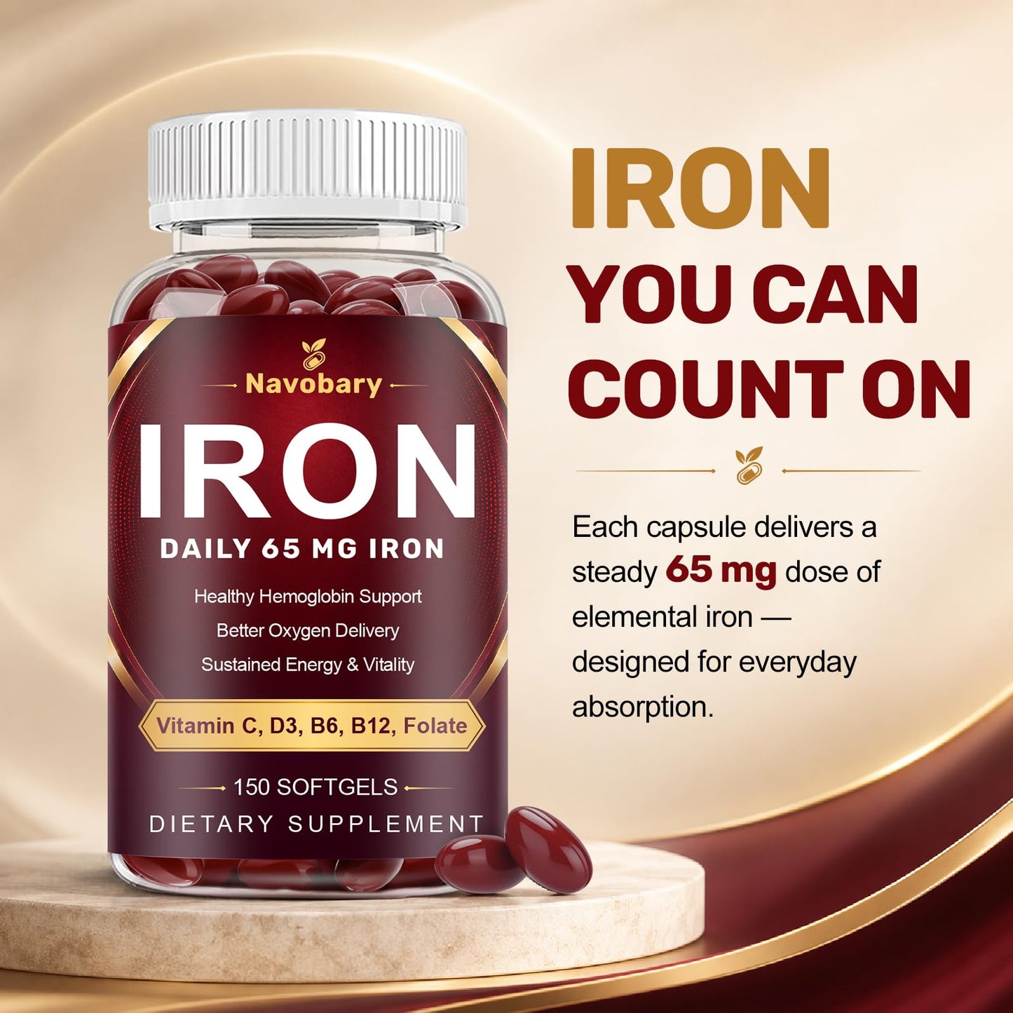 Navobary Iron with Multivitamin 65mg Iron + Vitamin C, D3, E, B6, B12 & Folate for Energy & Red Blood Cell Support Softgels 150