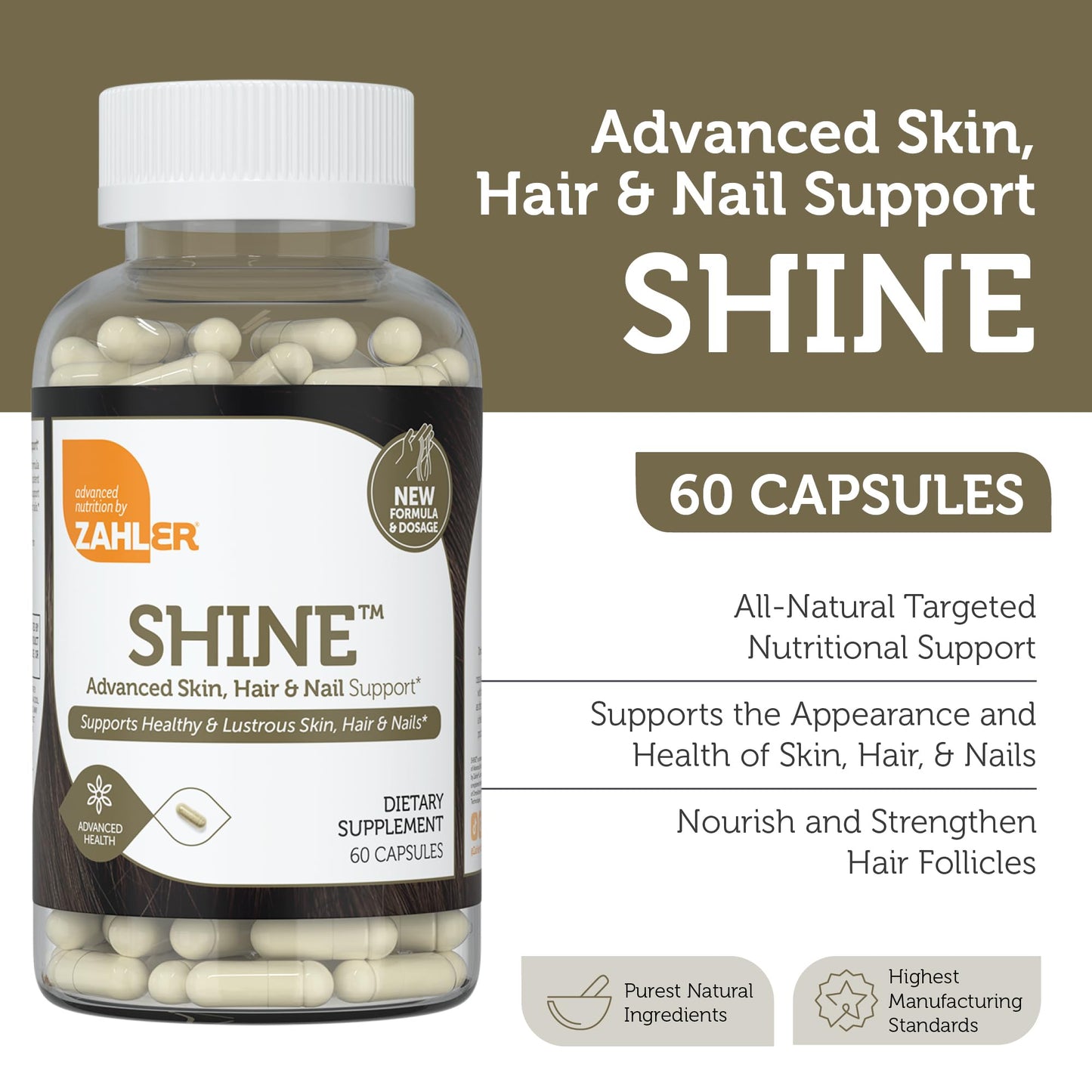 Zahler Shine Hair Skin and Nails Vitamins for Women & Men - Multivitamin for Hair Growth, Stronger Nails and Skin Health - Kosher Supplement with Biotin, Keratin & Hyaluronic Acid, 60 Capsules
