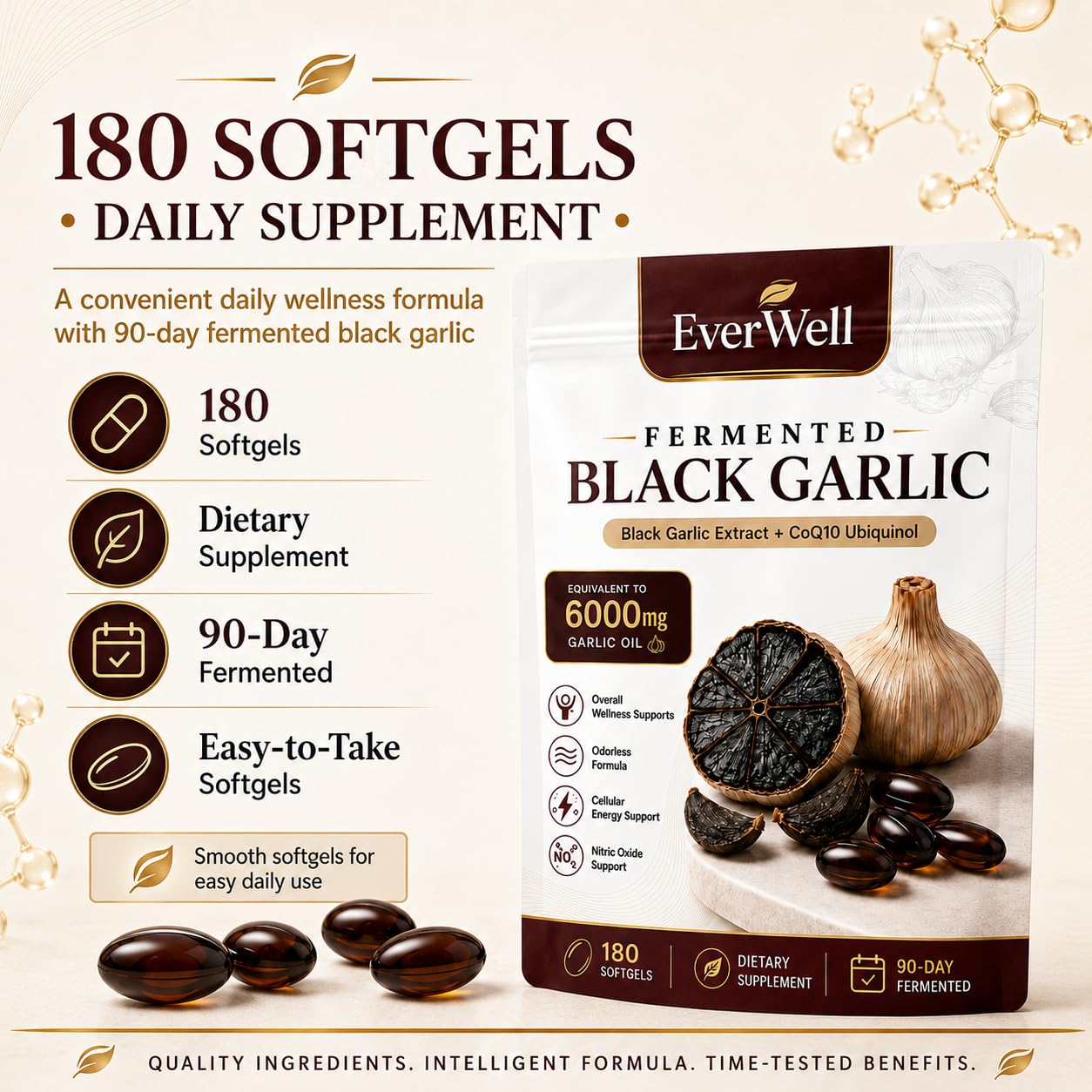 QoCore Supplement Everwell Black Fermented Black Garlic + CoQ10 Ubiquinol Capsule, 1 Count