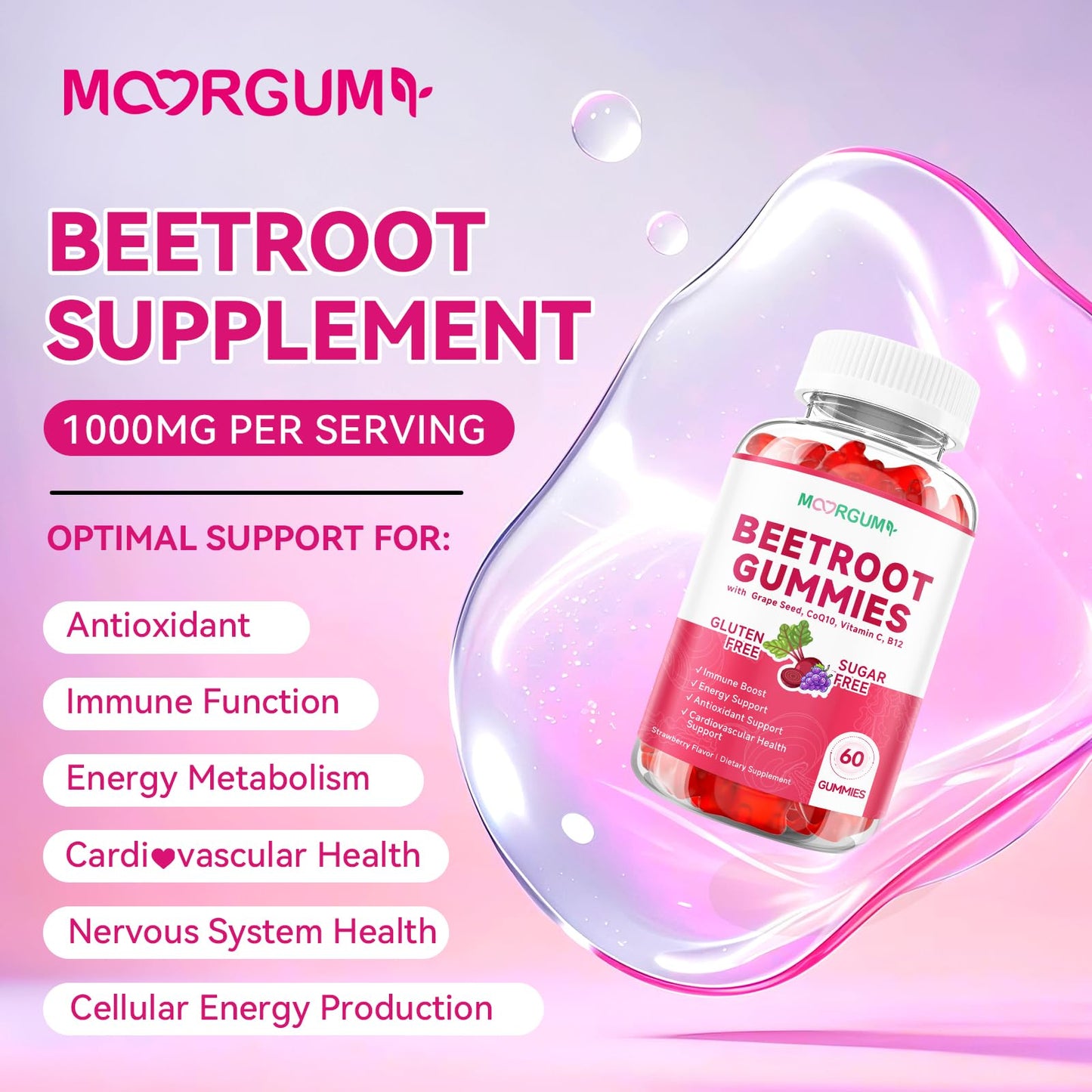 MOORGUMY Beetroot Gummies with Grape Seed, Niacin, CoQ10, Vitamin C, B12, L-Citrulline & L-Arginine, Antioxidant Support, Sugar-Free Beet Root Supplement for Women & Men, 60 Gummies