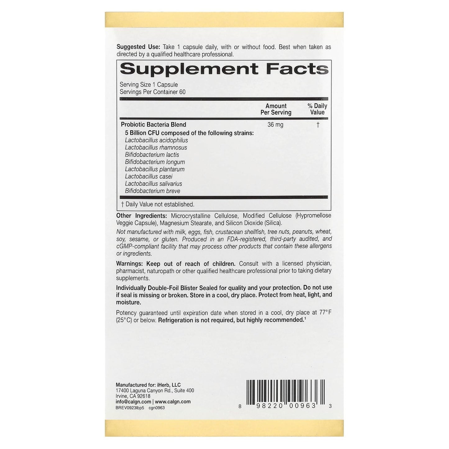 California Gold Nutrition LactoBif Probiotics 5 Billion CFU Capsule 60