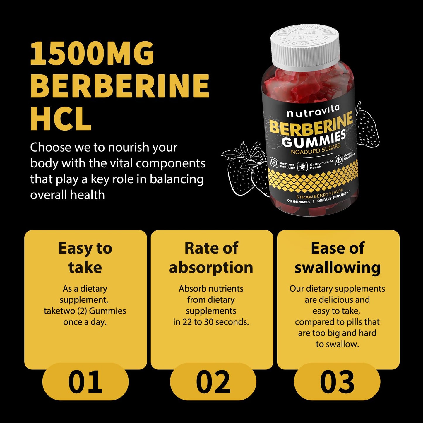 Nutravita Berberine Gummies with Ceylon Cinnamon 1500mg High Potency Berberine HCL for Immune and Metabolism Support, Sugar Free Organic, Strawberry Flavor, 180 Gummies