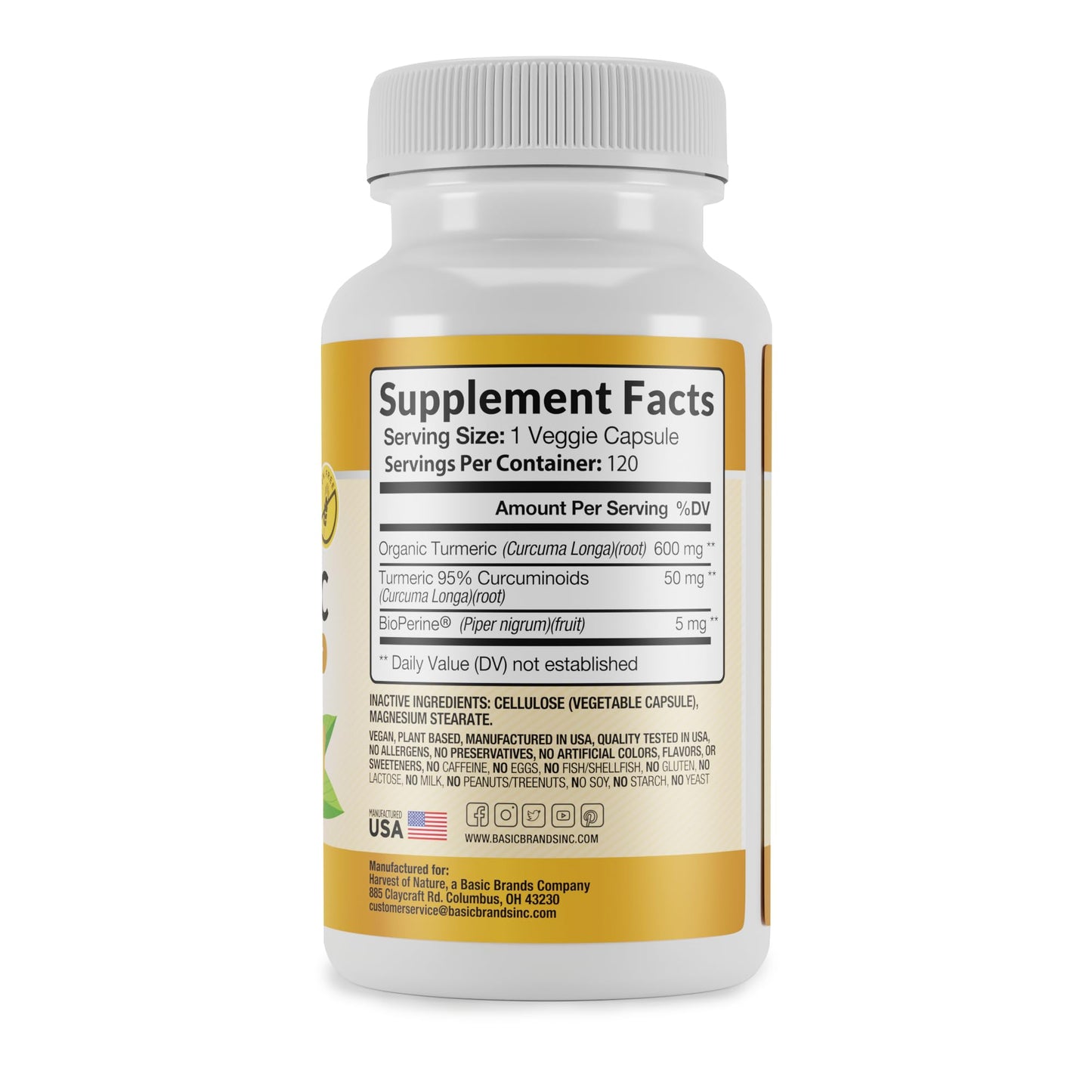 Harvest of Nature Organic Turmeric Curcumin Supplement, 120 Capsules