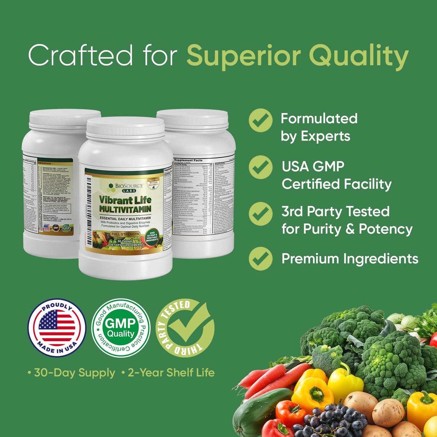 BioSource Labs Vibrant Life Multivitamin with Probiotics, Digestive Enzymes & B-Complex – Over 45 Fruits and Veggies, Non-GMO, Gluten-Free, Daily Vitamins & Minerals for Men & Women 90 Tablets