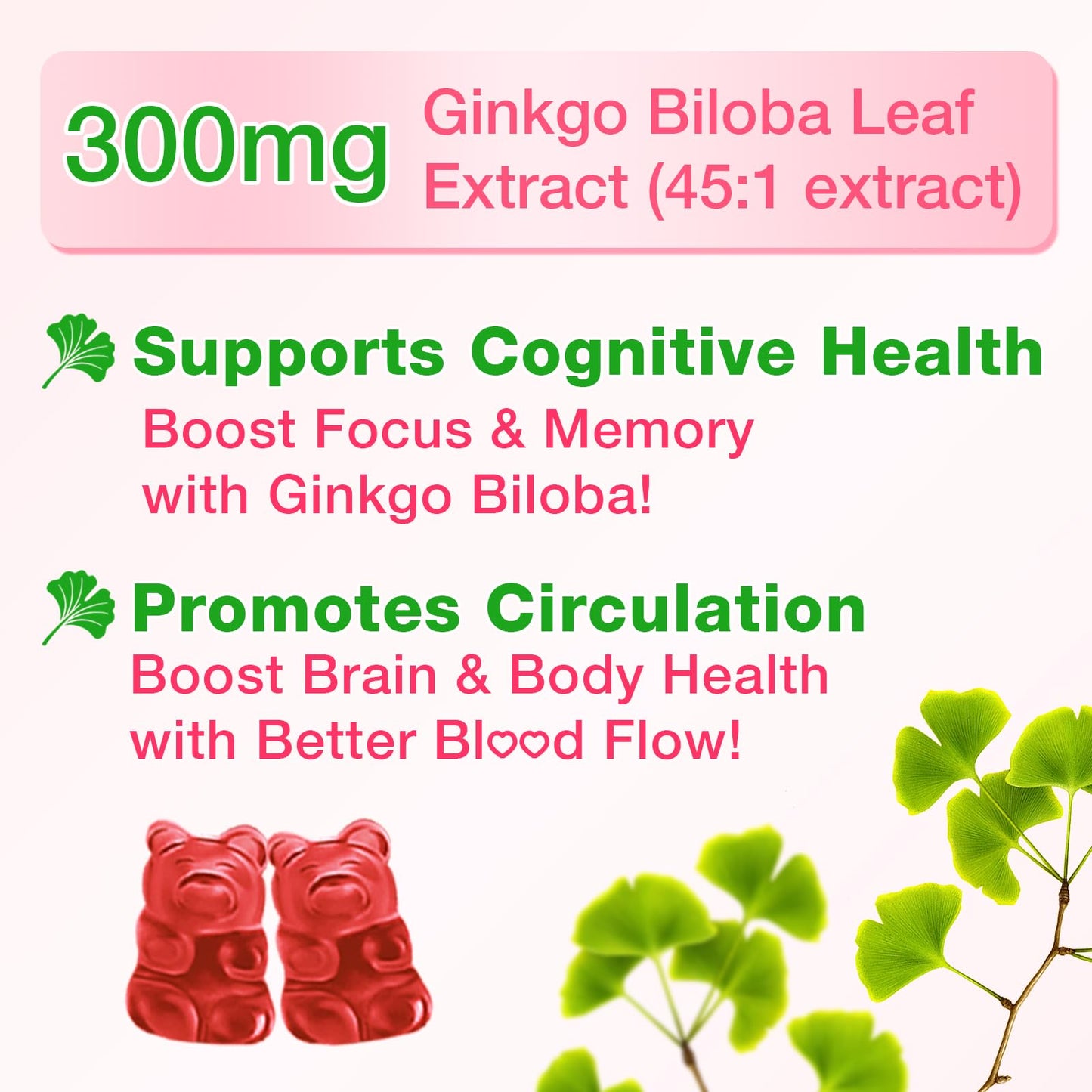 Sijigood Ginkgo Biloba Gummies with Panax Ginseng and Magnesium, Gummy, 60 Count