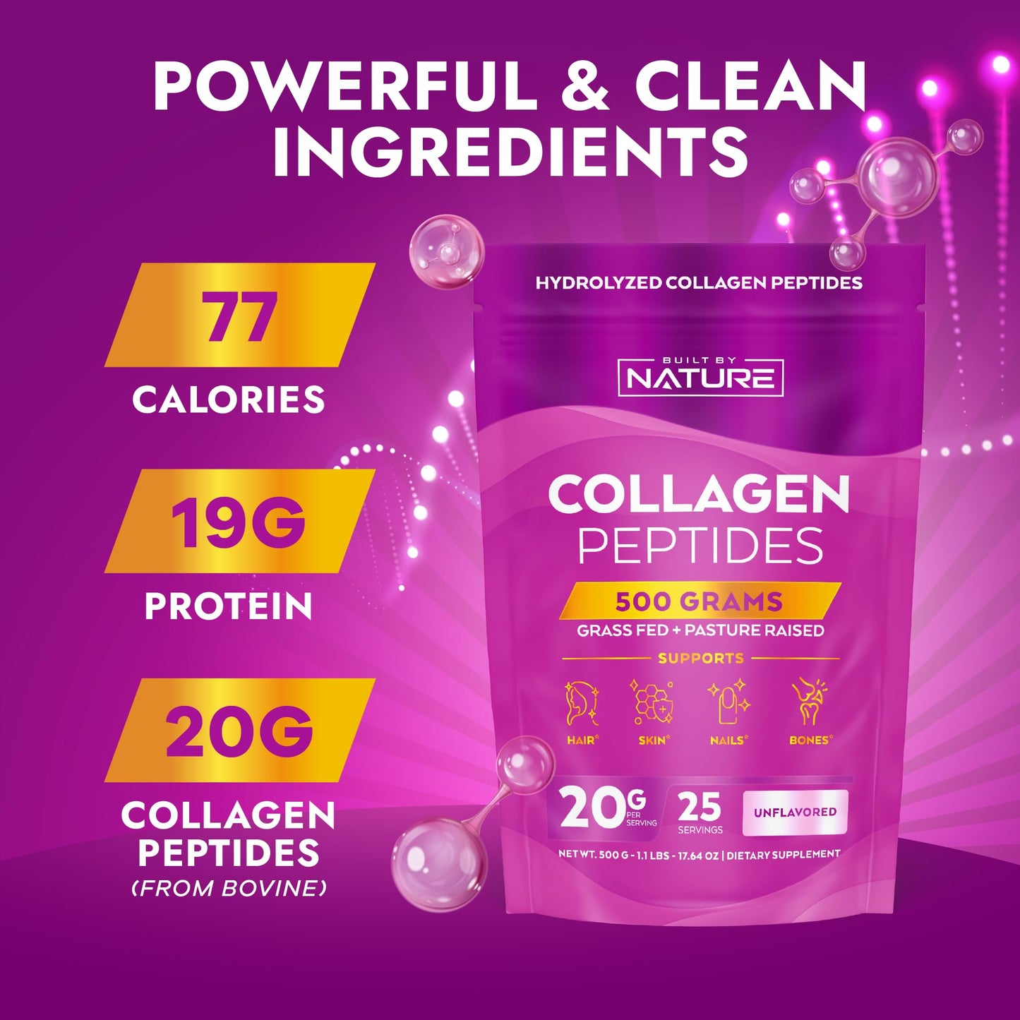 Built by Nature Collagen Peptides Powder Unflavored, Grass Fed, Non-GMO, 1.1 Pound
