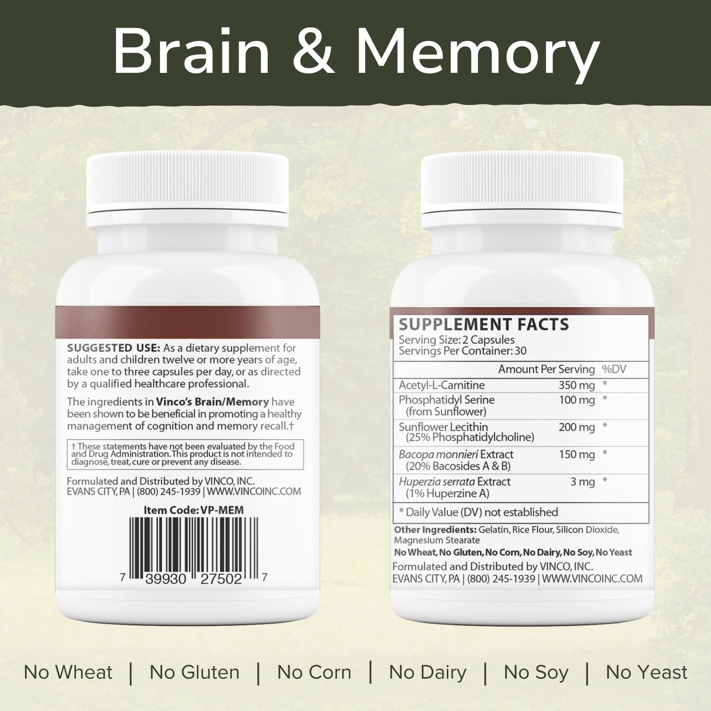 Vinco Brain & Memory Cognitive Support Daily Supplement Capsules, 60 Count