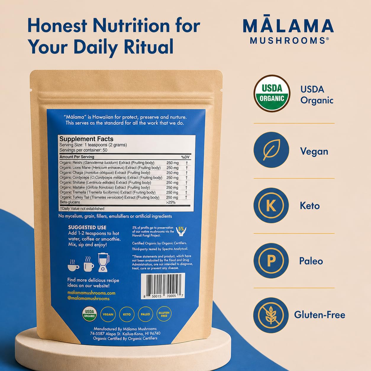 MALAMA MUSHROOMS 8-Mushroom Extract Powder, 3.5 Ounce