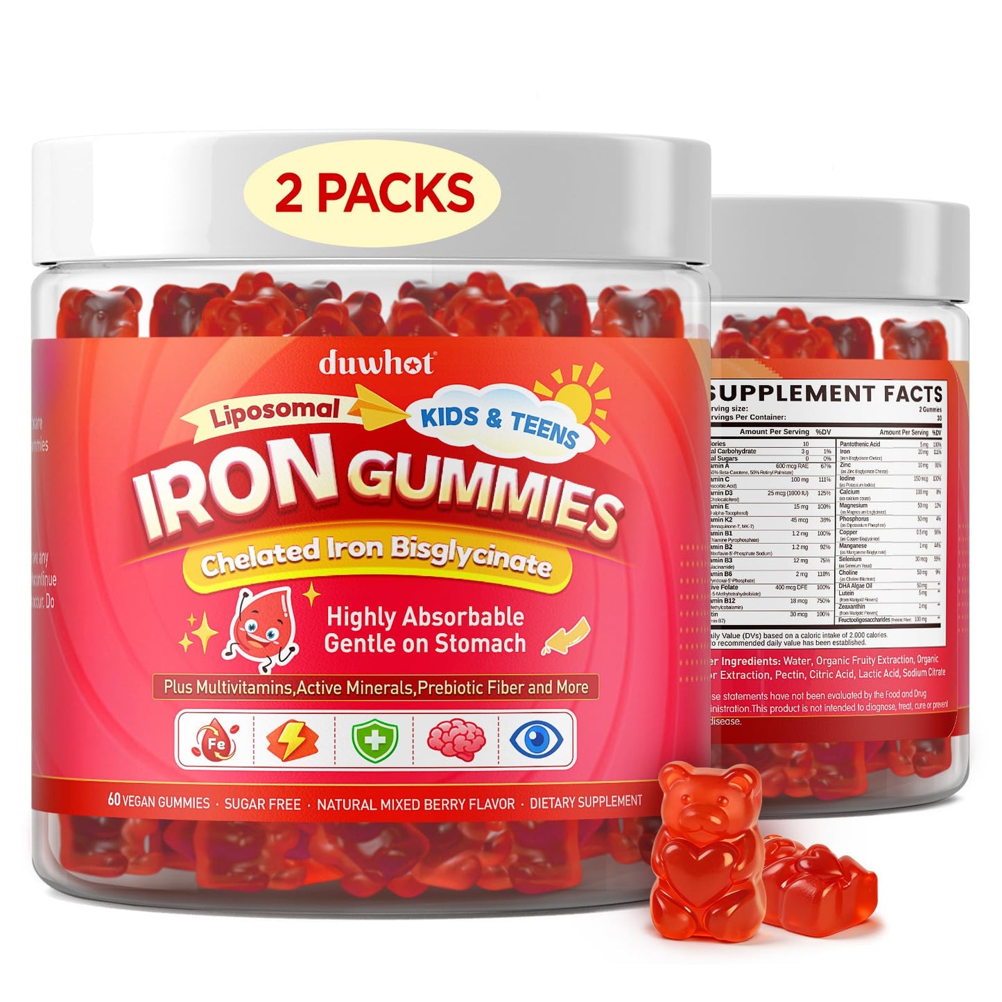 duwhot Iron Gummies for Kids Teens, Gentle Iron Bisglycinate with Vitamin C Gummy 120