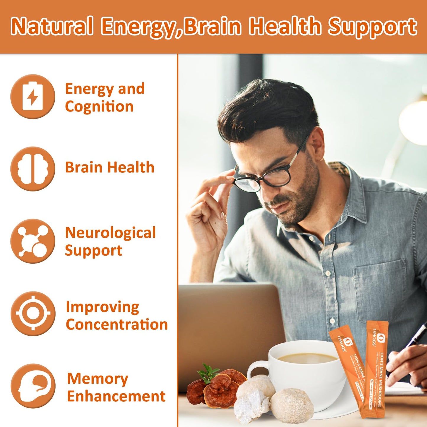 OMOGS Organic Mushroom Complex Extract Powder Blend Lion's Mane, Reishi, Chaga, Cordyceps, Turkey Tail, Supports Cognition and Brain Health, 1 Ounce