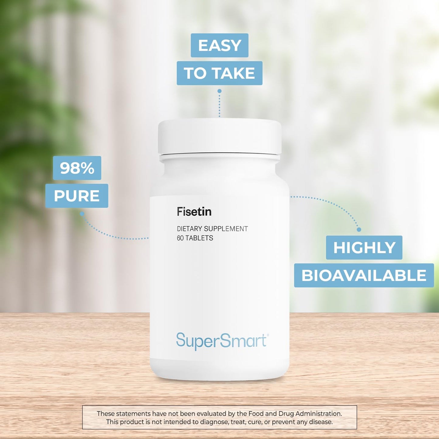 Supersmart Fisetin 500mg per Day (Easy-to-Take) - 98% Pure Fisetin Supplement - Highly Bioavailable Polyphenol - Potent Senolytic Activator | Non-GMO & Gluten Free - 60 Tablets