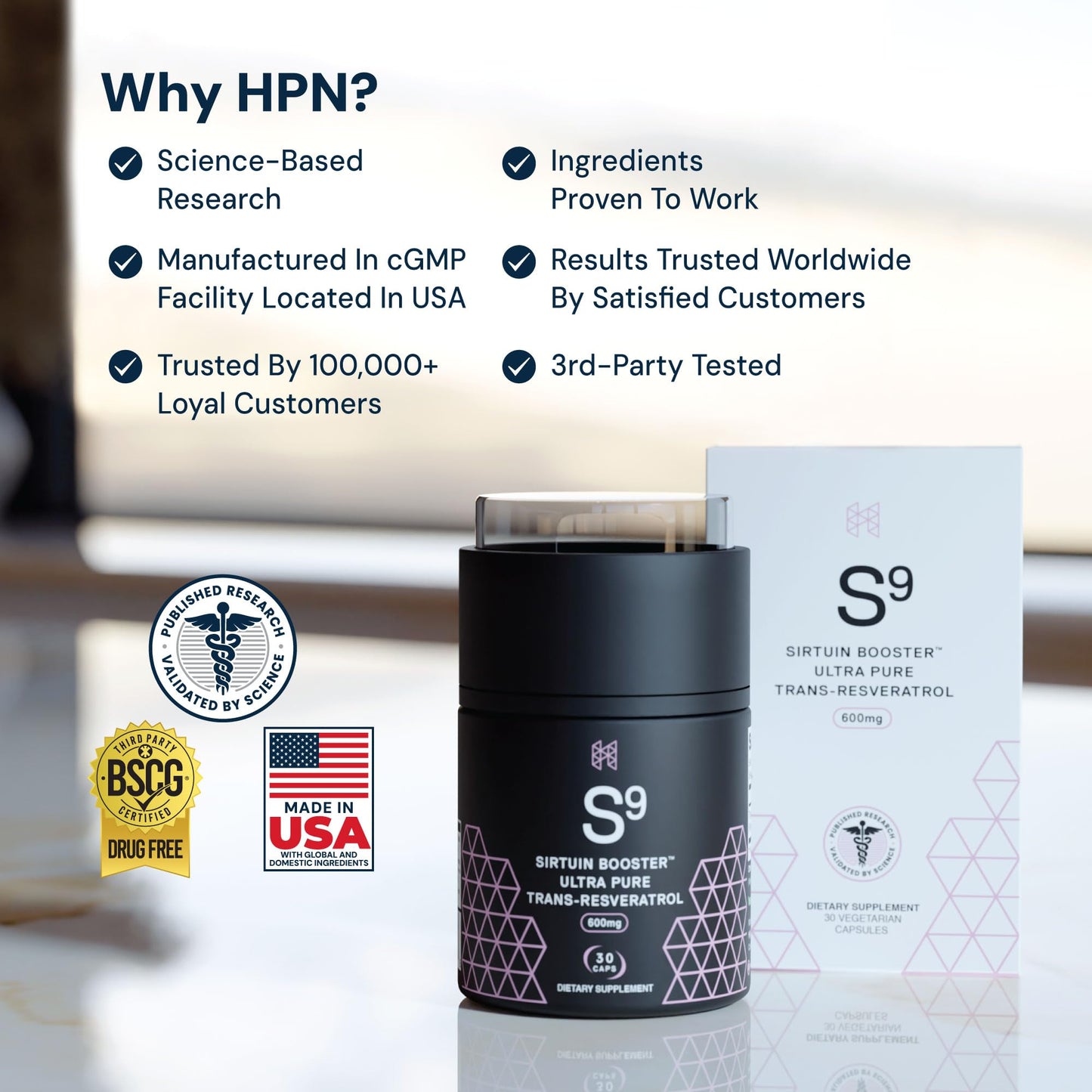 HPN Sirtuin Booster Ultra Pure Trans Resveratrol Healthy Aging Antioxidant Supplement Capsule, 30 Capsules