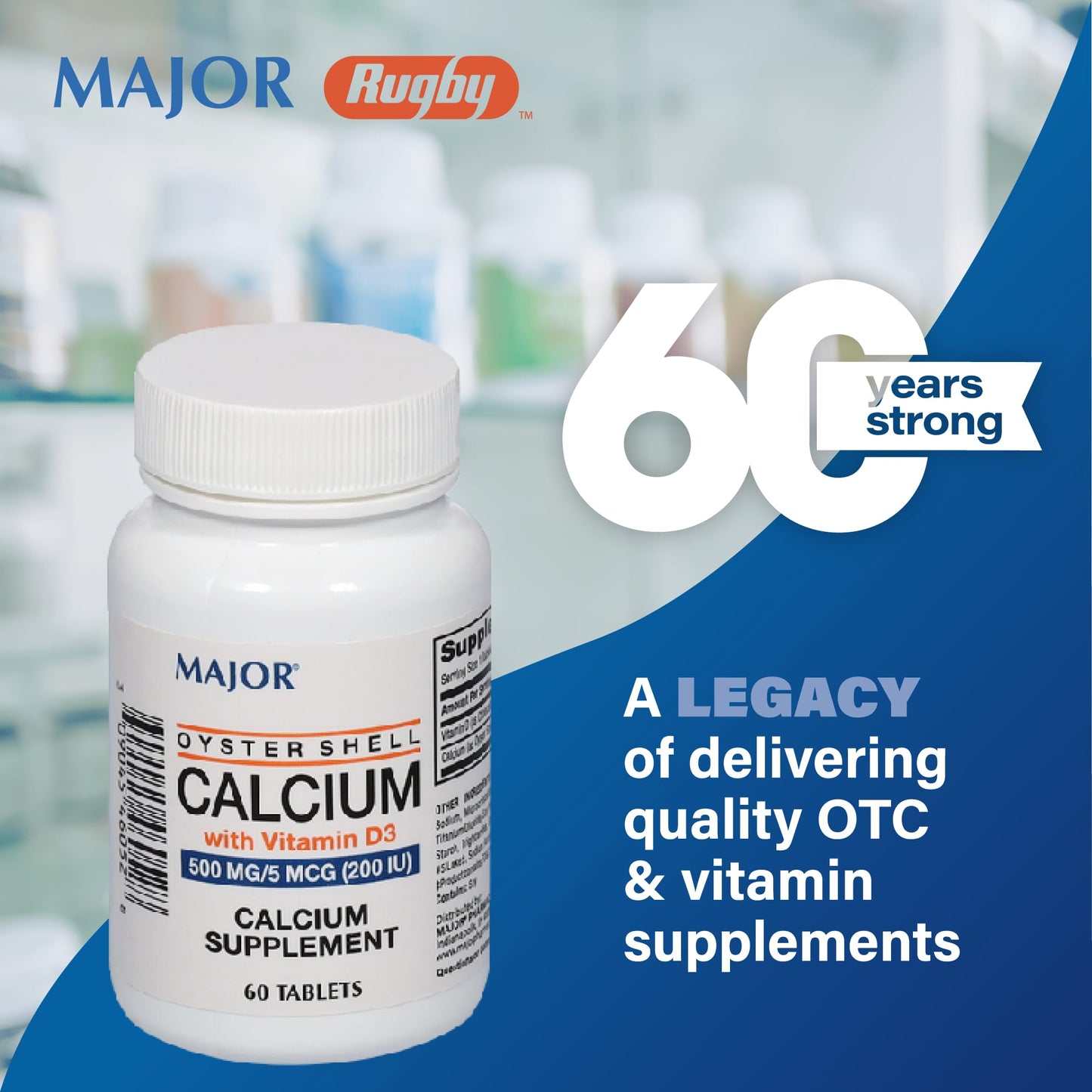 MAJOR Oyster Shell Calcium with Vitamin D3 500 mg / 5 mcg (200 IU) Calcium Supplement Tablet, 60 Tablets