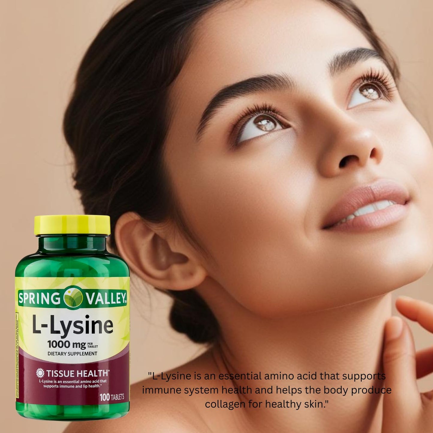 Generic L-Lysine 1000mg Tablets – Essential Amino Acid for Immune Support, Collagen Formation, and Skin Health – High-Potency Lysine Supplement, 100 Count