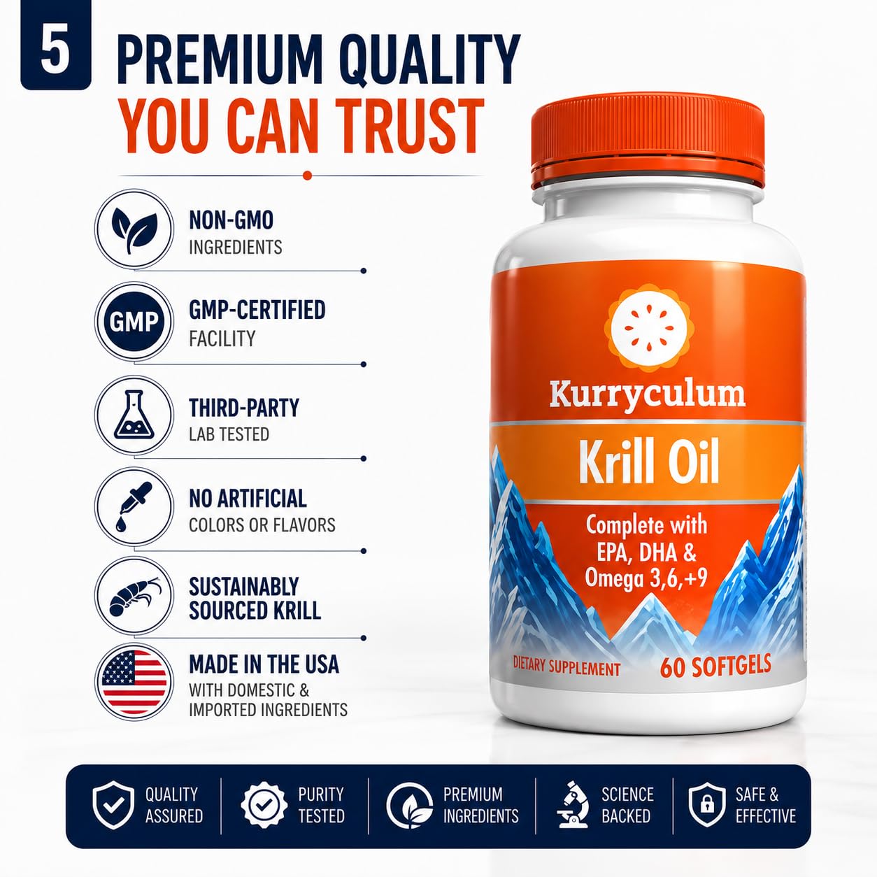 Kurryculum Krill Oil 500 mg – High-Potency Omega-3 (EPA & DHA), burpless Uniquely Small, Rich in Astaxanthin, Sustainably Sourced, Third-Party Tested Softgels, 60 Count