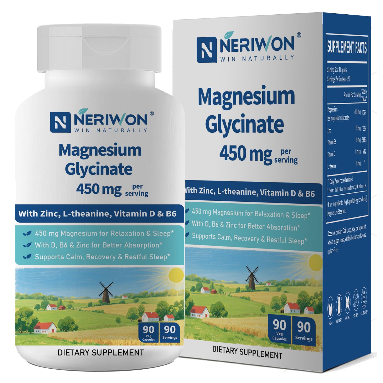 NERIWON High Absorption Magnesium Glycinate 450 mg Capsules, 90 Count