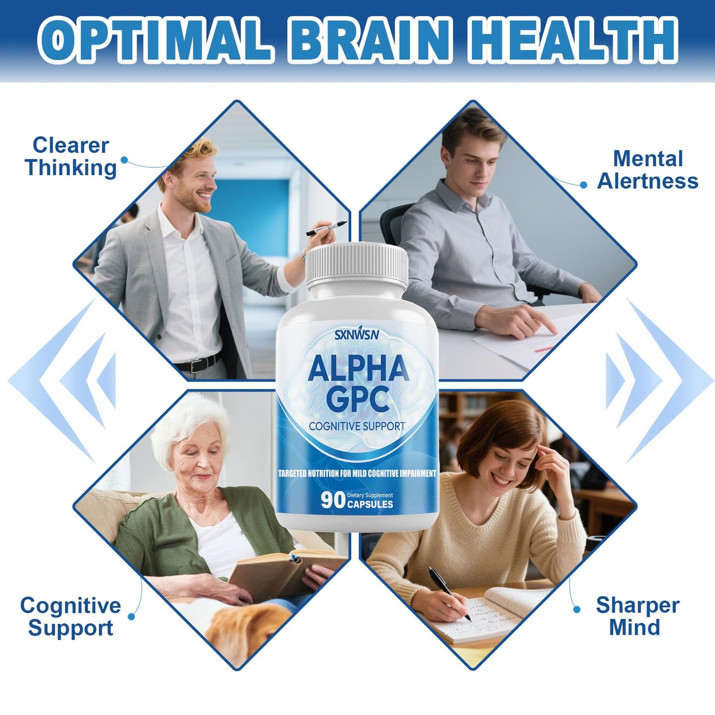 SXNWSN Alpha GPC Cognitive Support 300mg with Bacopa & Ginkgo Biloba, 90 Capsules