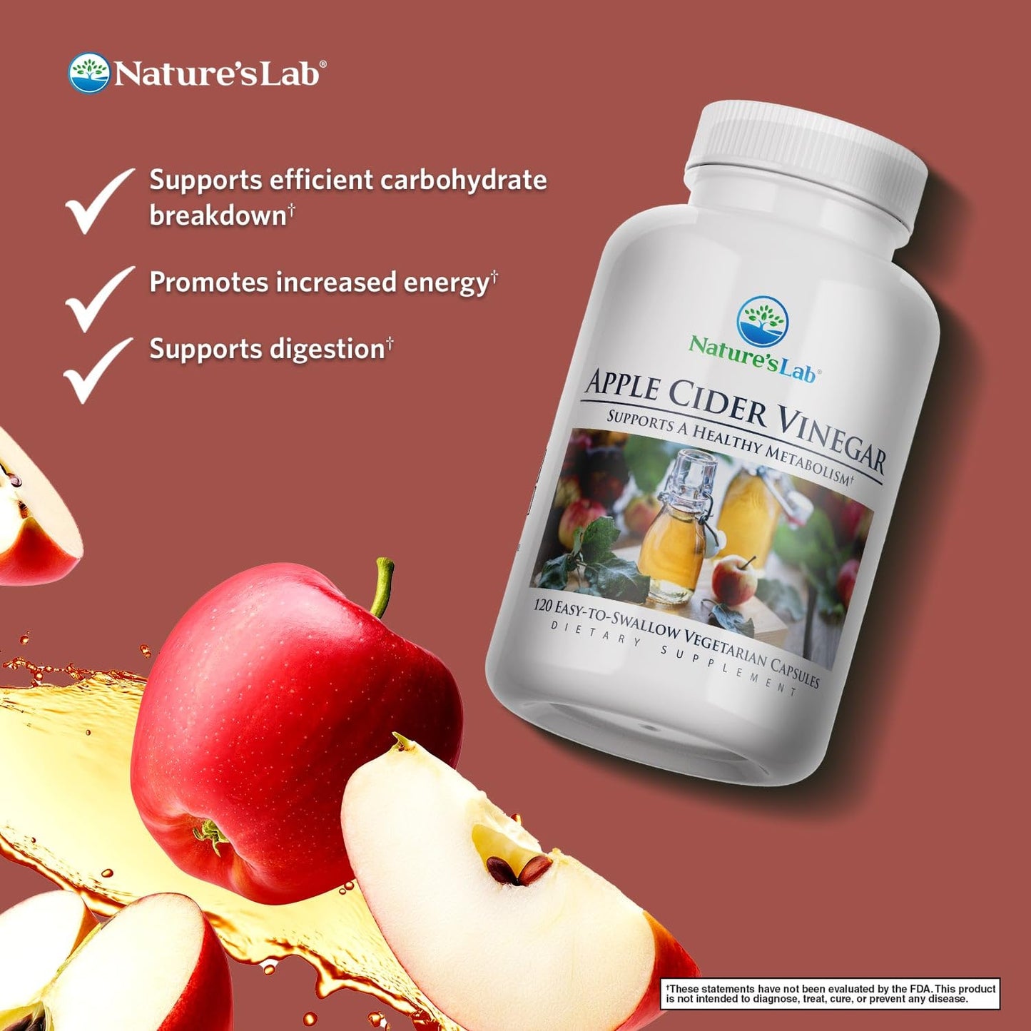 Nature's Lab Apple Cider Vinegar 1200mg with Chromium Capsules, 120 Count