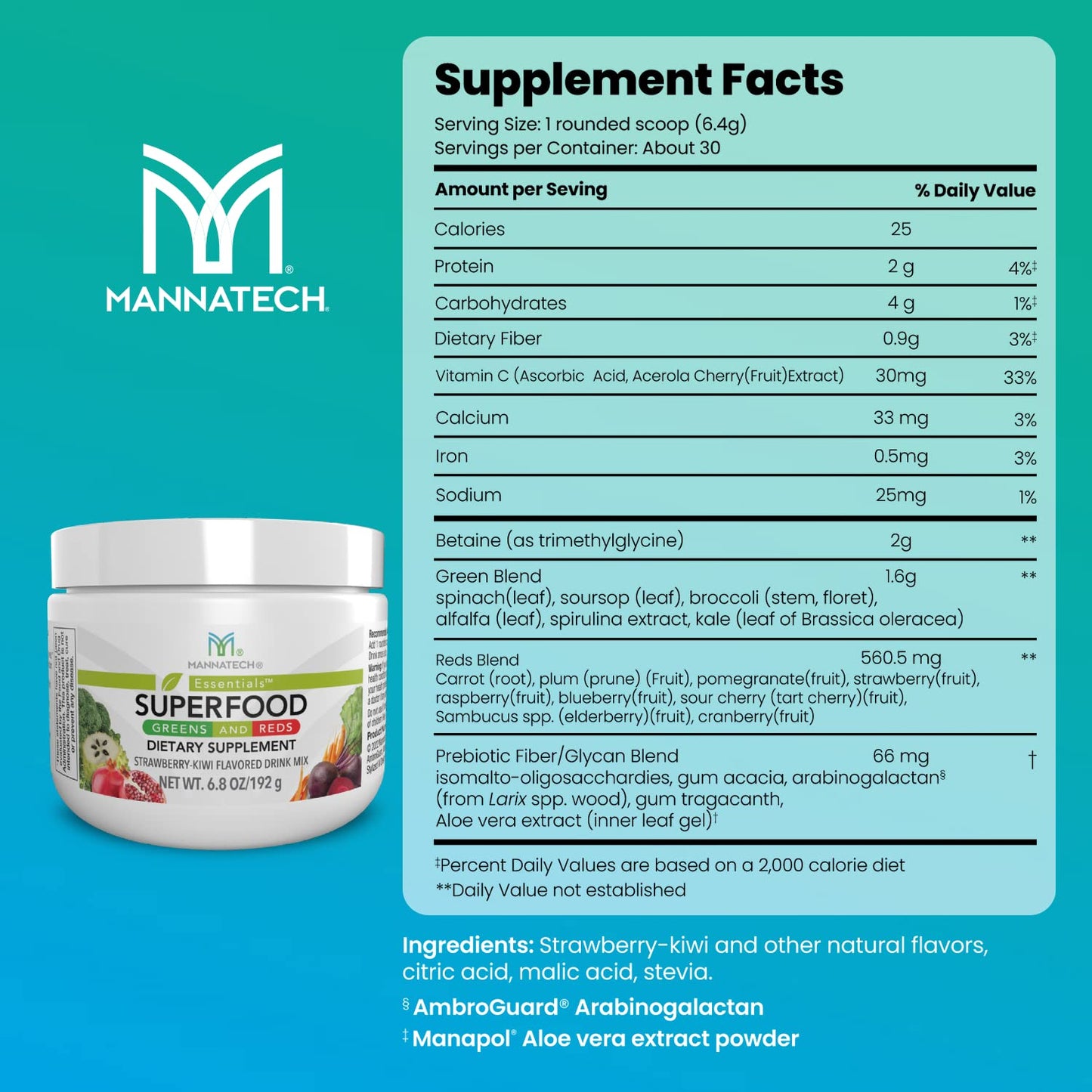 Mannatech Superfood Greens & Reds Strawberry Kiwi Powder 6.8 Ounce