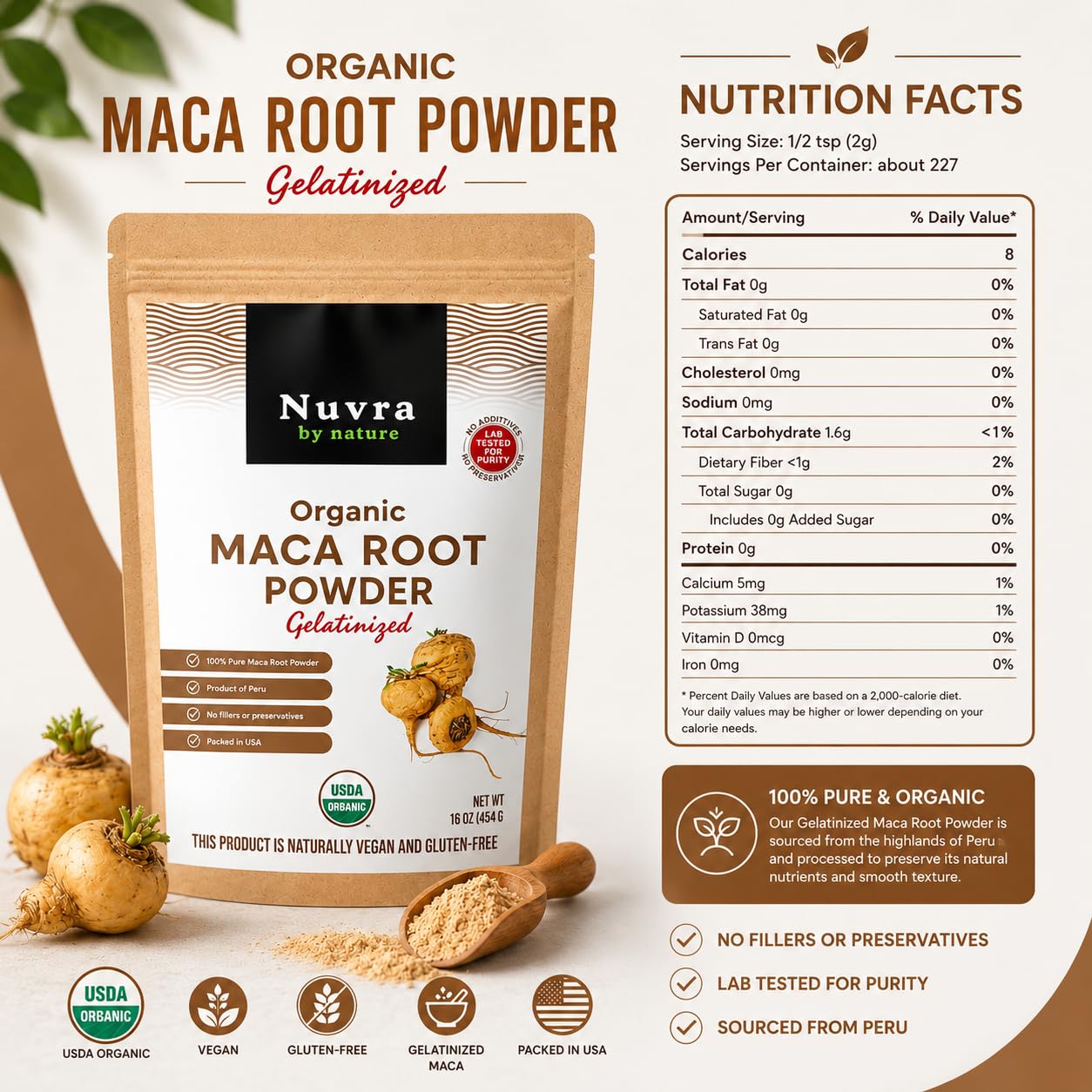 Nuvra by Nature Organic Gelatinized Maca Root Powder, 16 oz