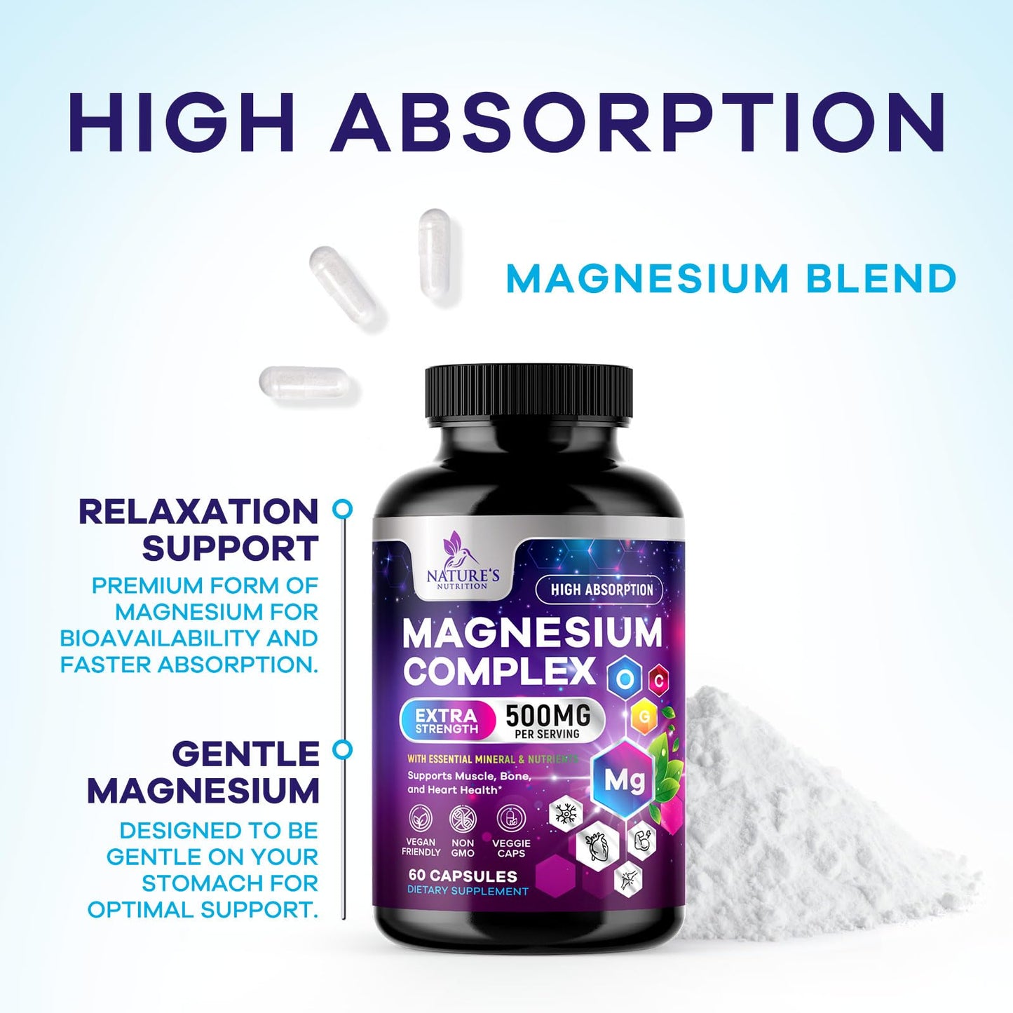 Nature's Nutrition Magnesium Complex Supplement 500 mg Per Serving - 4 in 1 High Absorption Blend - Chelated Magnesium Glycinate with Malate, Citrate & Oxide - Vegan Complex 60 Capsules