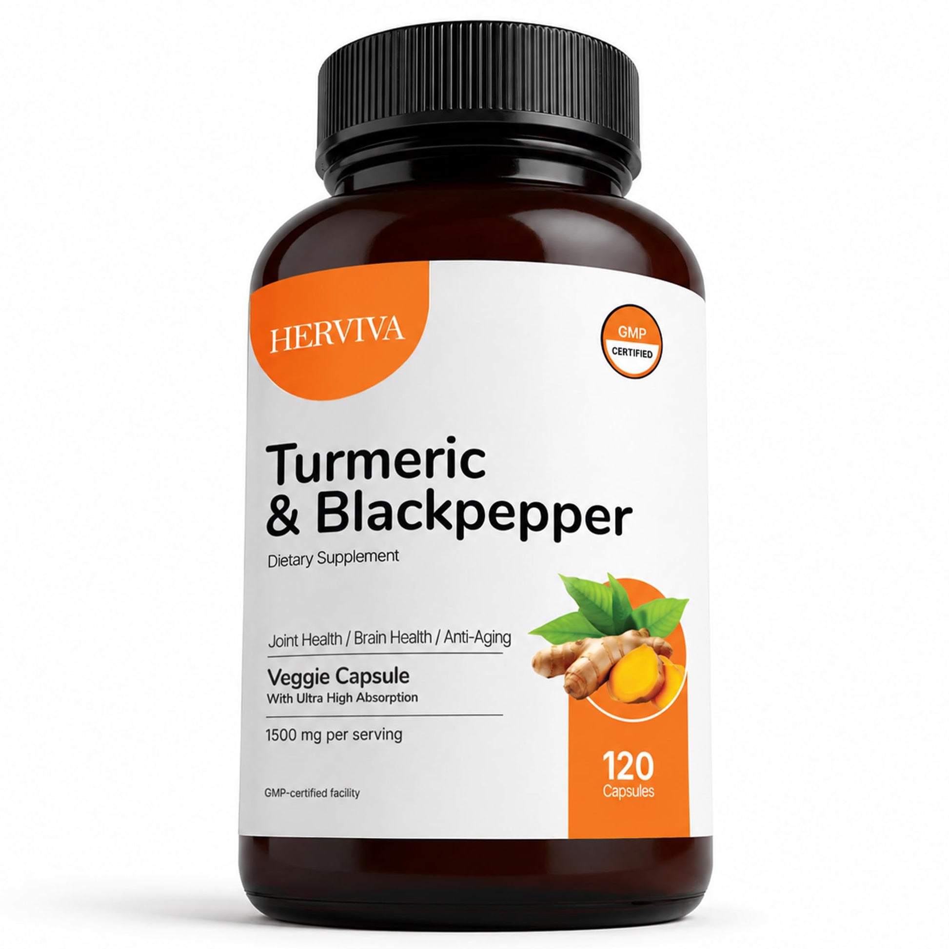 HERVIVA Turmeric Curcumin 1500mg with Black Pepper 5mg Vegan Capsules, 120 Count
