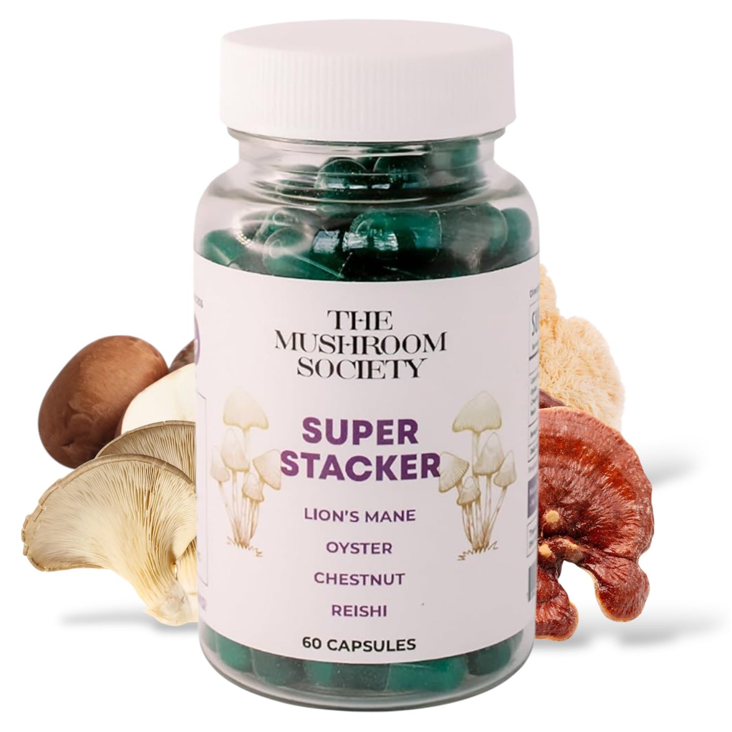 The Mushroom Society Super Stacker - 4-in-1 Mushroom Supplement Wellness Blend - Lion’s Mane, Oyster, Chestnut & Reishi - Immune, Focus & Daily Vitality 60 Capsules