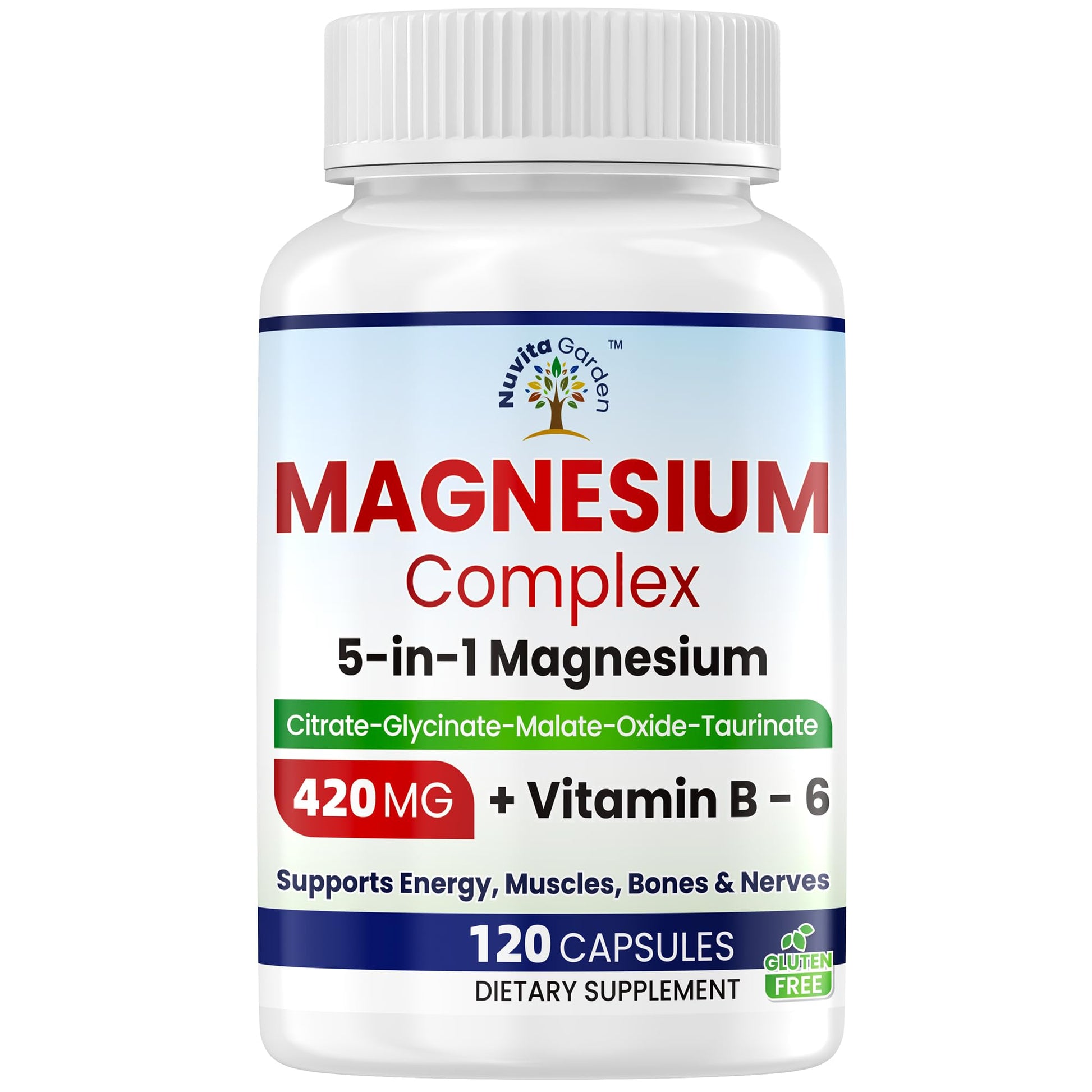 NoMiLu Magnesium Complex 420mg - 5 in 1 Magnesium Supplement with Glycinate Citrate Malate Oxide Taurinate + 30mg Vitamin B6 Magnesium Relaxation, Sleep, Muscle, Energy & Heart Support, Vegan, 120 Capsules
