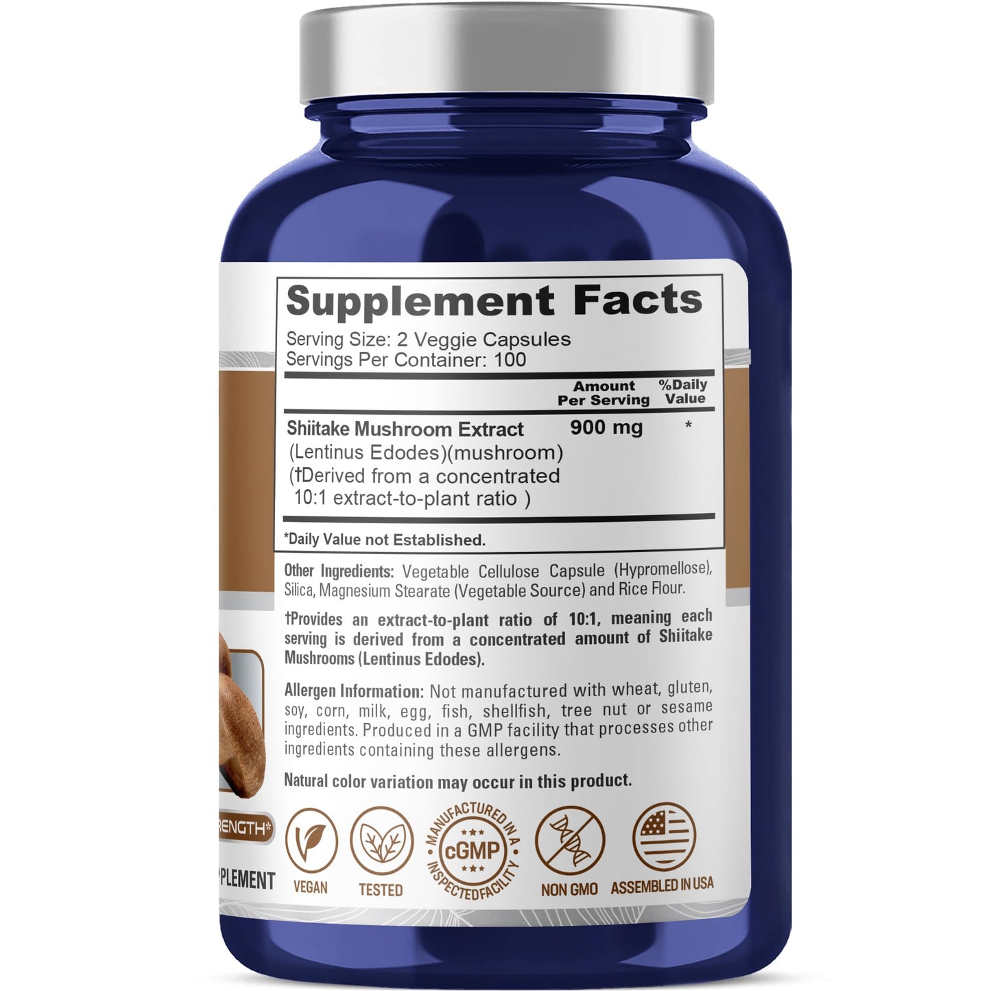 NusaPure Shiitake Mushroom 900 mg Veggie Capsules, 200 Count