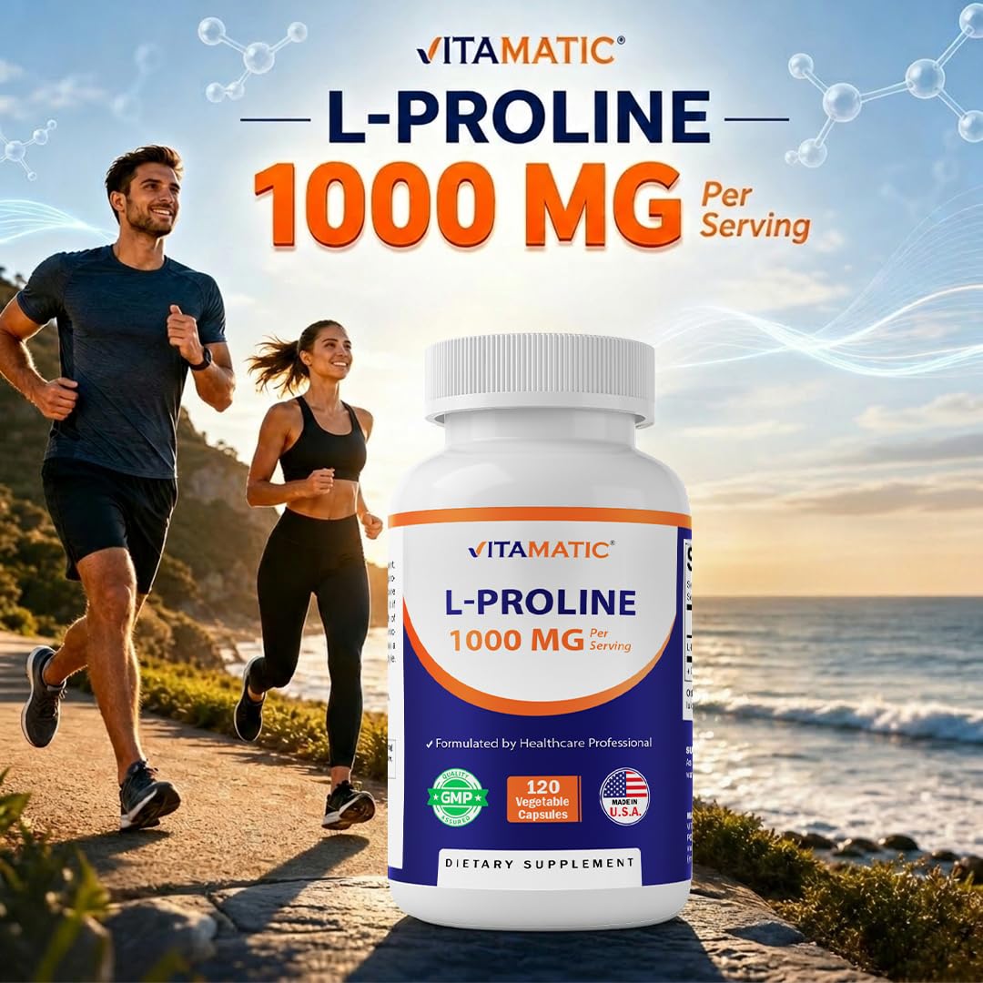 Vitamatic L-Proline 1000 mg Per Serving Free Form Amino Acid Supplement, Vegetarian Capsules, Non-GMO, Gluten Free, Made in USA, 120 Count