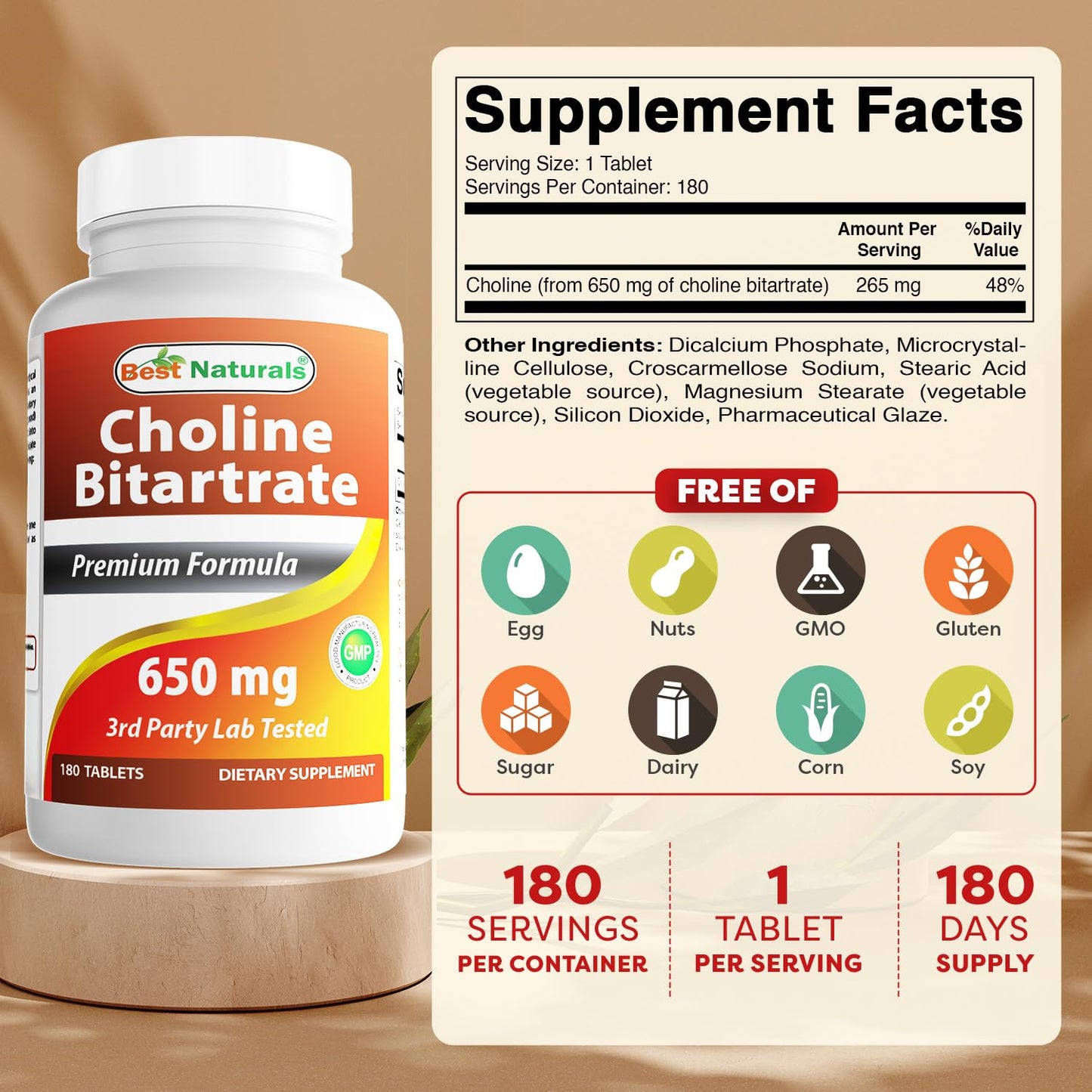 Best Naturals Choline Bitartrate 650 mg (Non-GMO) for Healthy Cognitive Brain Function, 180 Tablets