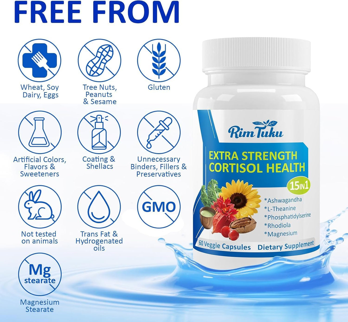 RimTuku Cortisol Supplements for Women & Men -15-in-1 Cortisol Detox for Women, Cortisol Manager & Reducer with Ashwagandha, Rhodiola Rosea Supports Stress Relief, Adrenal Balance, 180 Capsules