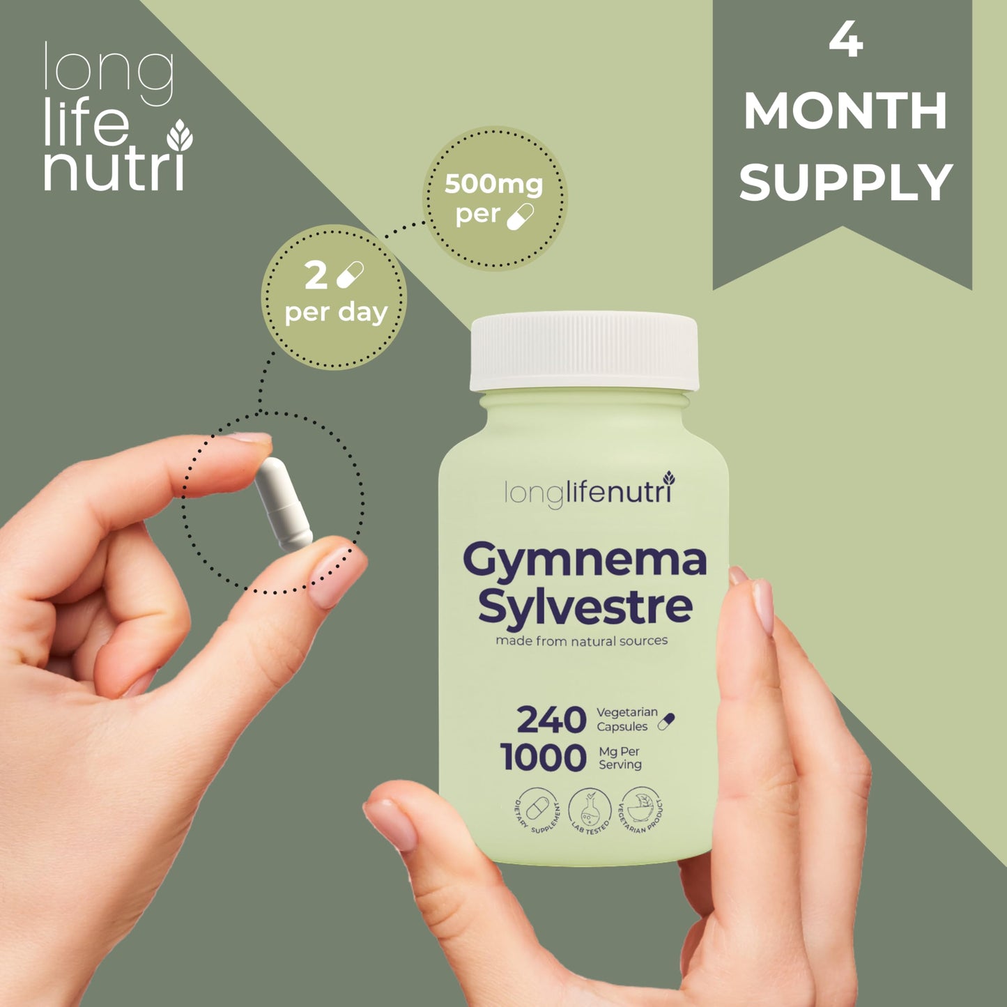 LongLifeNutri Gymnema Sylvestre 1000mg Organic 20:1 Leaf Extract Capsule 240 Count