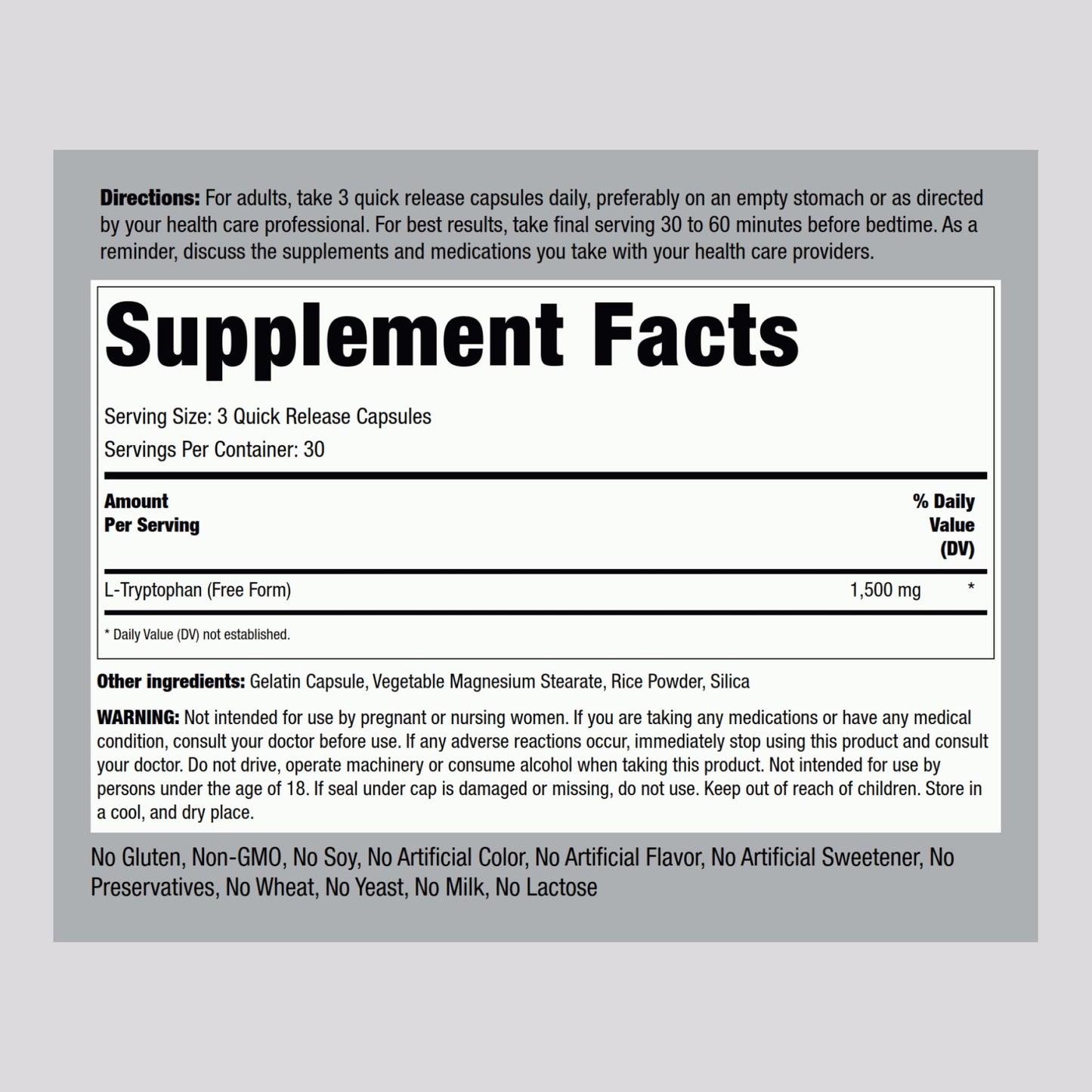 Piping Rock L-Tryptophan 1500 mg Capsule, 90 Capsules