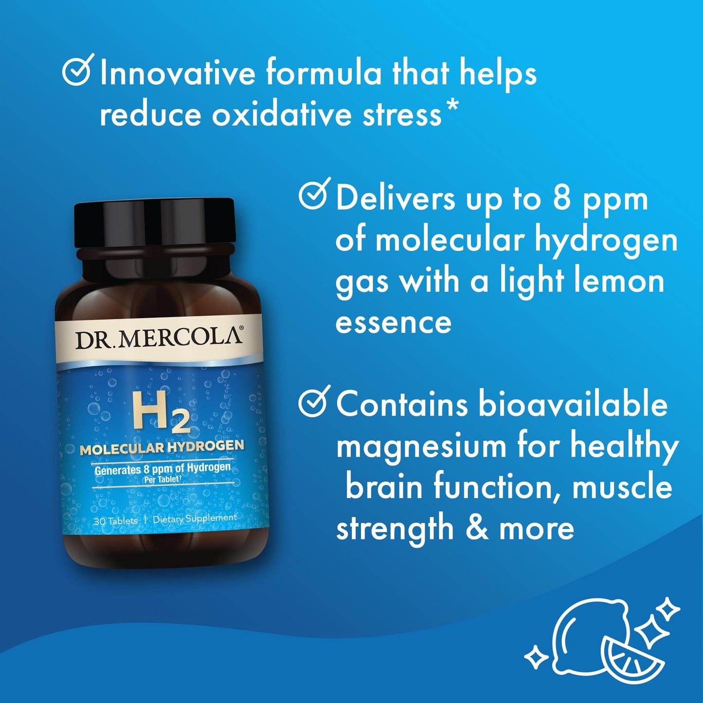 Dr. Mercola H2 Molecular Hydrogen - Supports Healthy Aging, Cellular Energy & Brain Health - with Elemental Magnesium - GMO-Free, Gluten-Free & Soy-Free - 30 Tablets